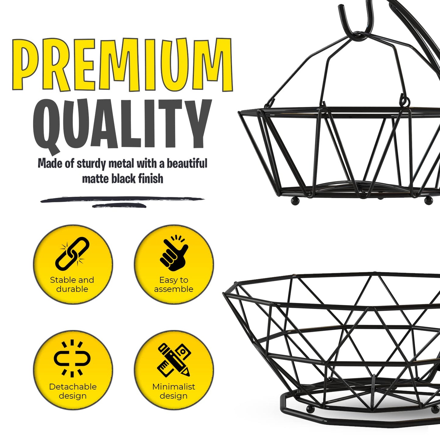 Fruit Basket with Banana Hanger and Fruit Bowl. Kitchen Counter Fruit Bowl with Banana Holder used as Bread, Vegetable or Produce Basket, Egg Holder, 2 Tier