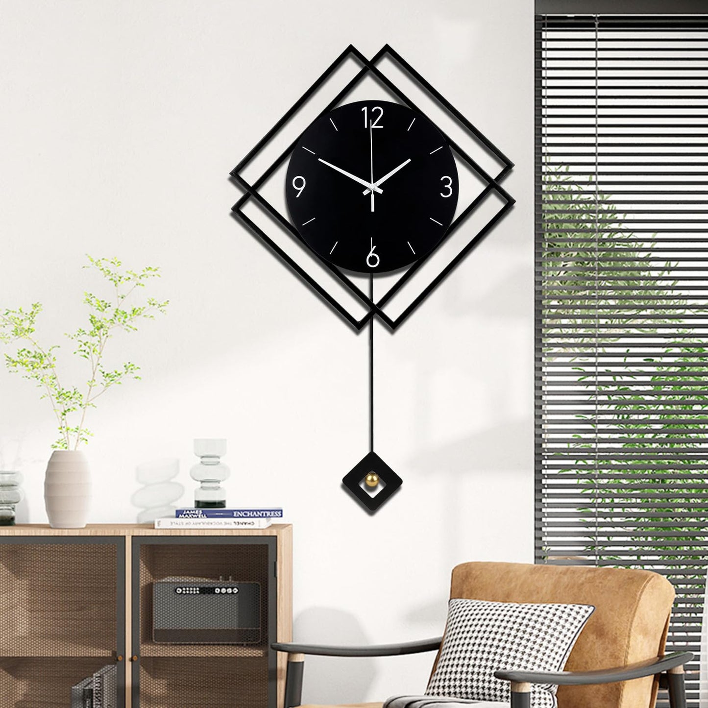 Wall Clock with Pendulum,Silent Quality Quartz Battery Operated,Modern Large Wall Clocks for Living Room Kitchen Home Bathroom Bedroom Wall Decor,16.2x26Inch(Black)