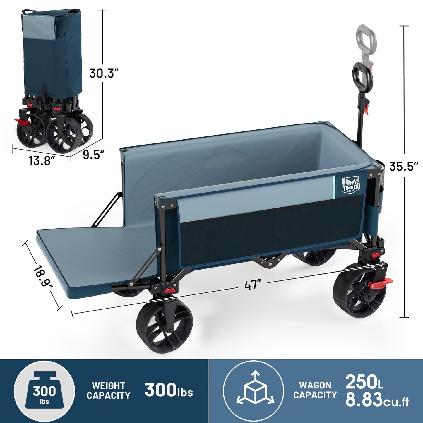 Timber Ridge 47" L Collapsible Wagon with Tailgate & Brake, 300 lbs Heavy Duty Beach Wagon with All-Terrain Big Wheels, 250L Foldable Utility Cart for Sand Camping Sports Shopping, Blue