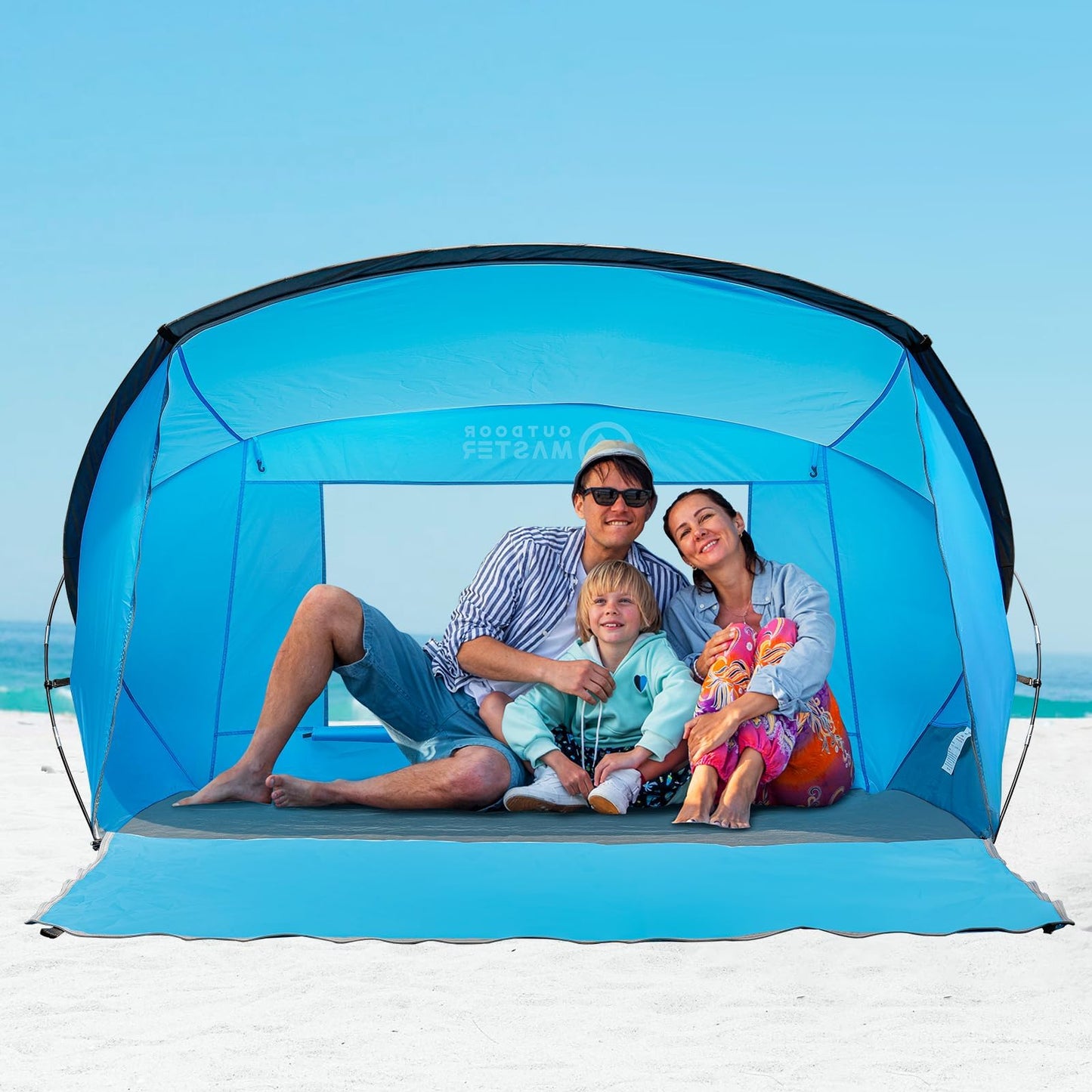 OutdoorMaster Updated Beach Tent for 3-4 Person - Easy Setup and Portable Beach Shade Sun Shelter Canopy with UPF 50+ UV Protection Removable Skylight Family Size -Sky Blue
