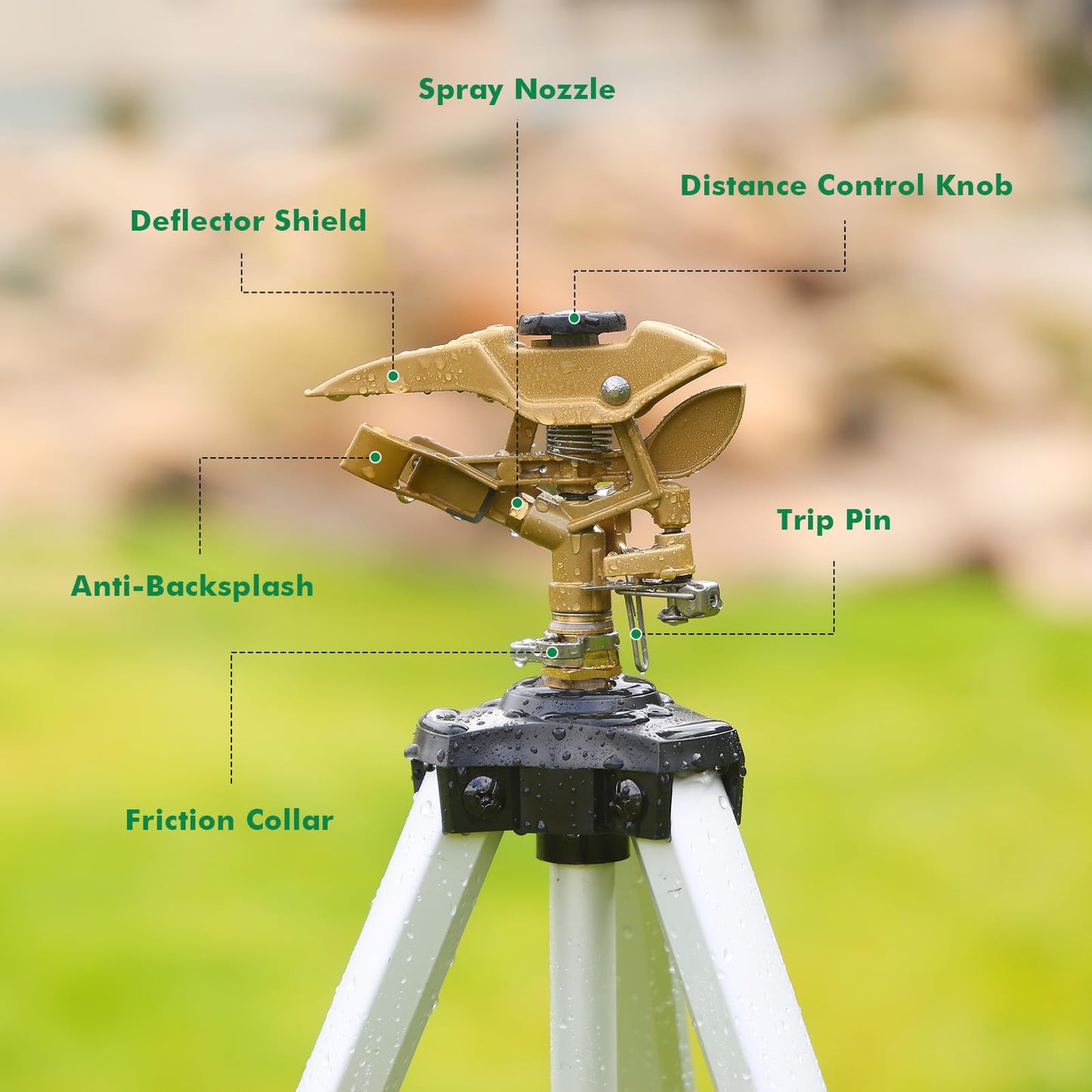 RESTMO 48” Large Full Metal Impact Sprinkler Head on Tripod Base, 360° Rotating & Height Adjustable Tripod, Heavy Duty Zinc Alloy Sprinkler for Large Yard and Lawn Irrigation