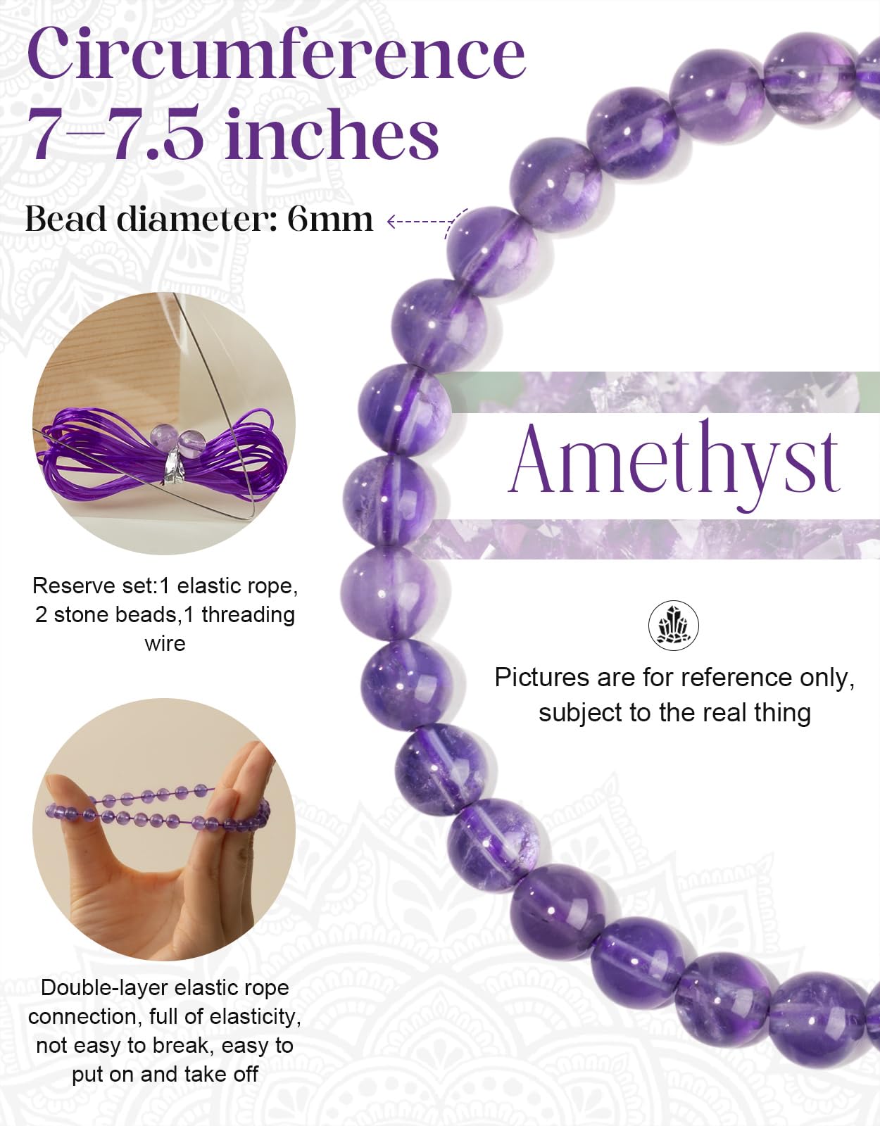 Landorilo Beaded Bracelet for Men Women, 6mm Natural Stone Amethyst Healing Crystal Stretch Bracelets, Ideal Christmas Birthday Jewelry Gifts with Energy Card，Replacement Beads Included