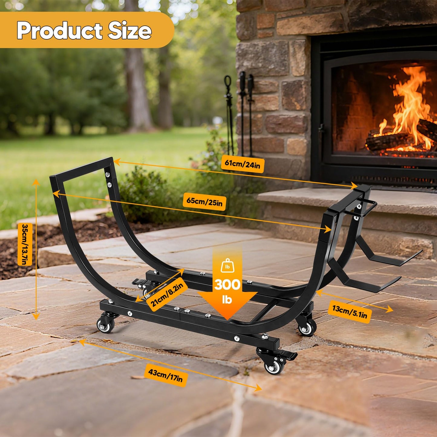 Primachen Firewood Rack Outdoor and Indoor with Wheels & Kindling Wood Hooks, Firewood Storage, Fireplace Wood Storage Rack Movable, Waterproof Stable Log Holder for Fireplace Patio Organizer