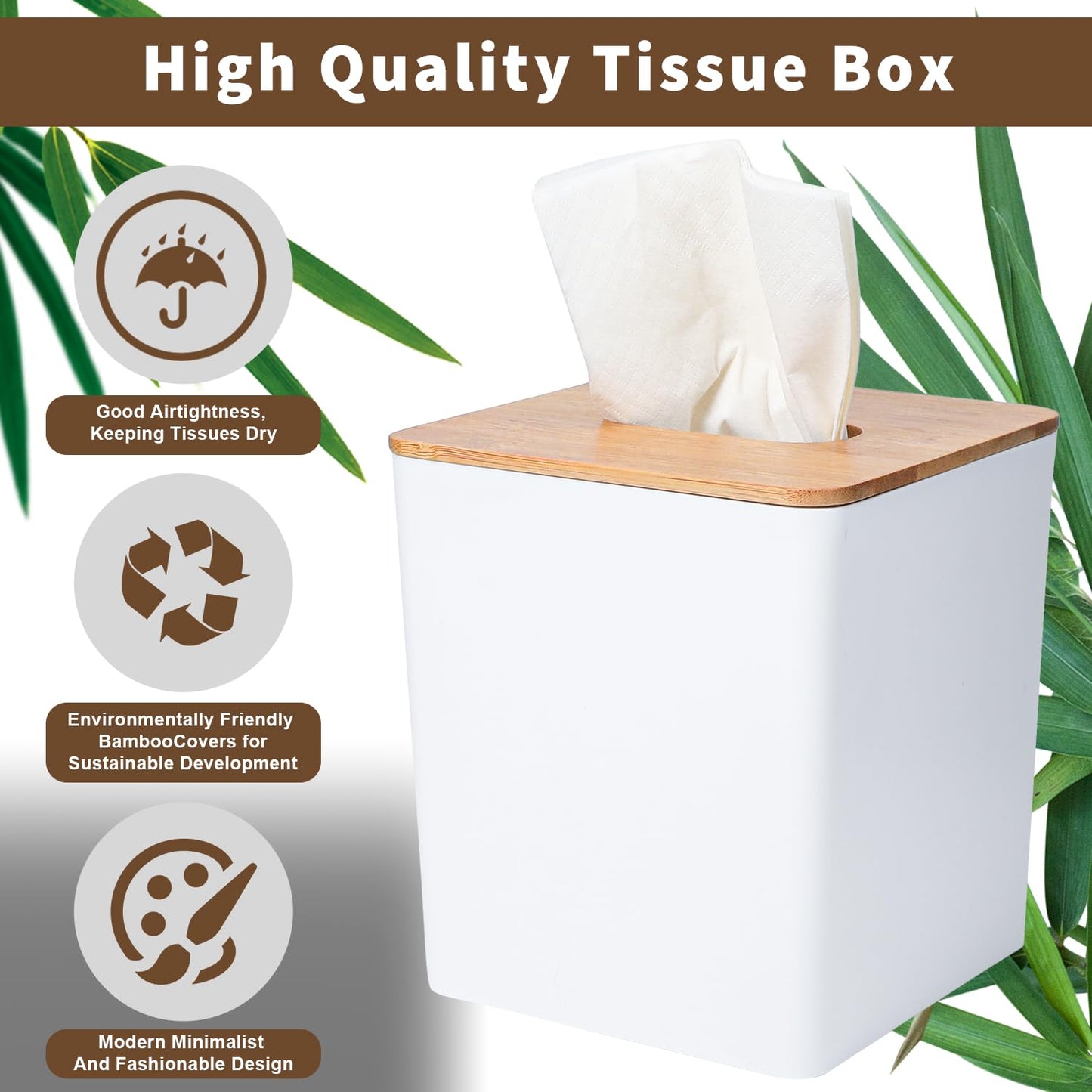 Tissue Box Cover Square,Tissue Box Holder with Bamboo Lid,Tissue Dryer Sheet Holder for Modern Farmhouse Boho Decor,1 Pack,(White)