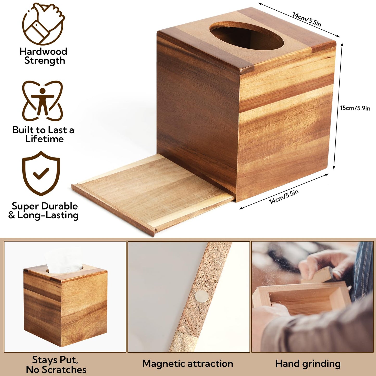 Wooden Tissue Box Cover 6 Pack - Acacia Wood Tissue Box Holder for Bathroom, Office & Farmhouse Decor, Decorative Square Covers for Tabletop Stands