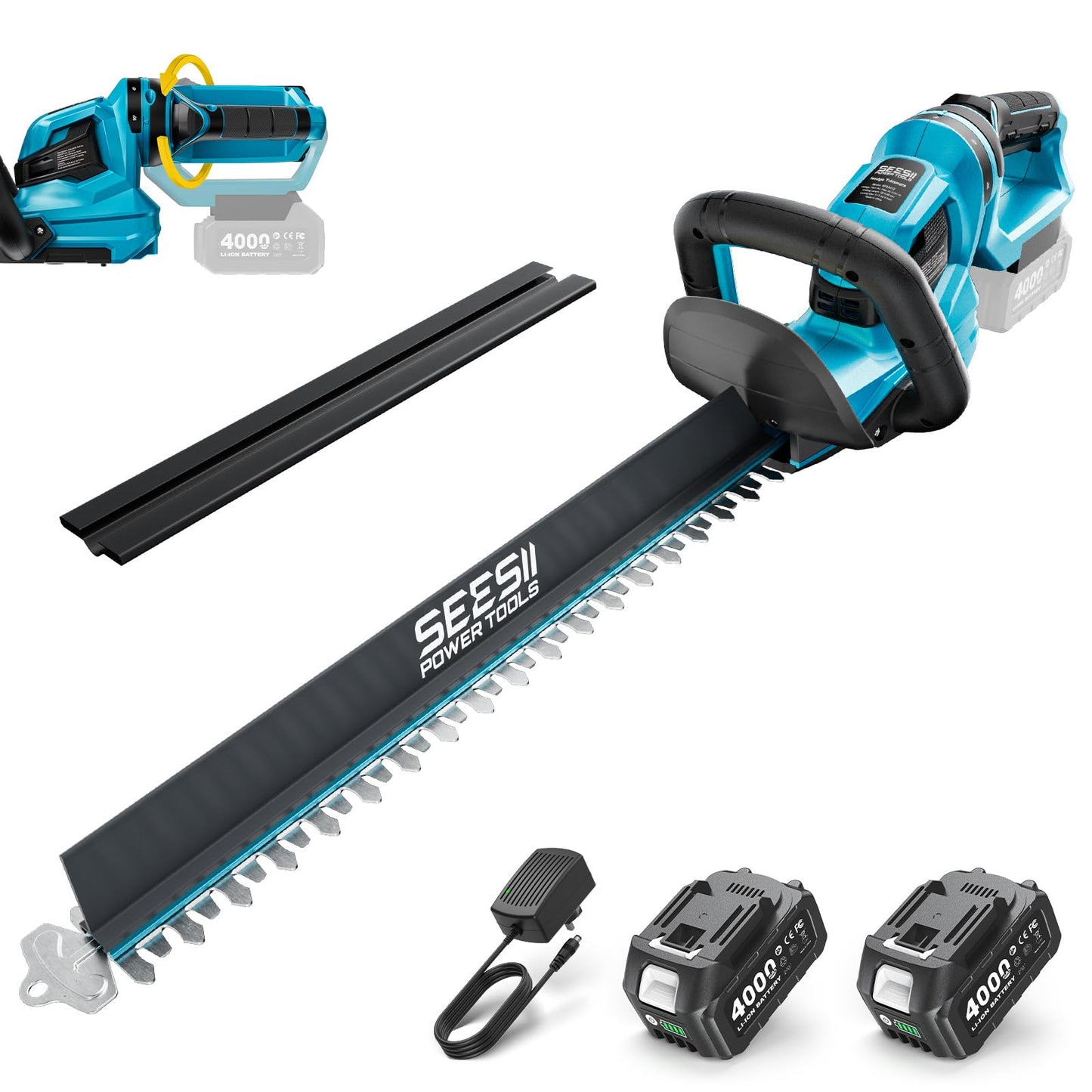 SEESII 22" Hedge Trimmer Cordless, 20V Electric Bush Trimmer with 2 Pcs 4000mAh Batteries & Charger, 180°Rotatable Handle, 3/4" Blade Gap, Debris Collector, Handheld Power Shrub Trimmers for Yard