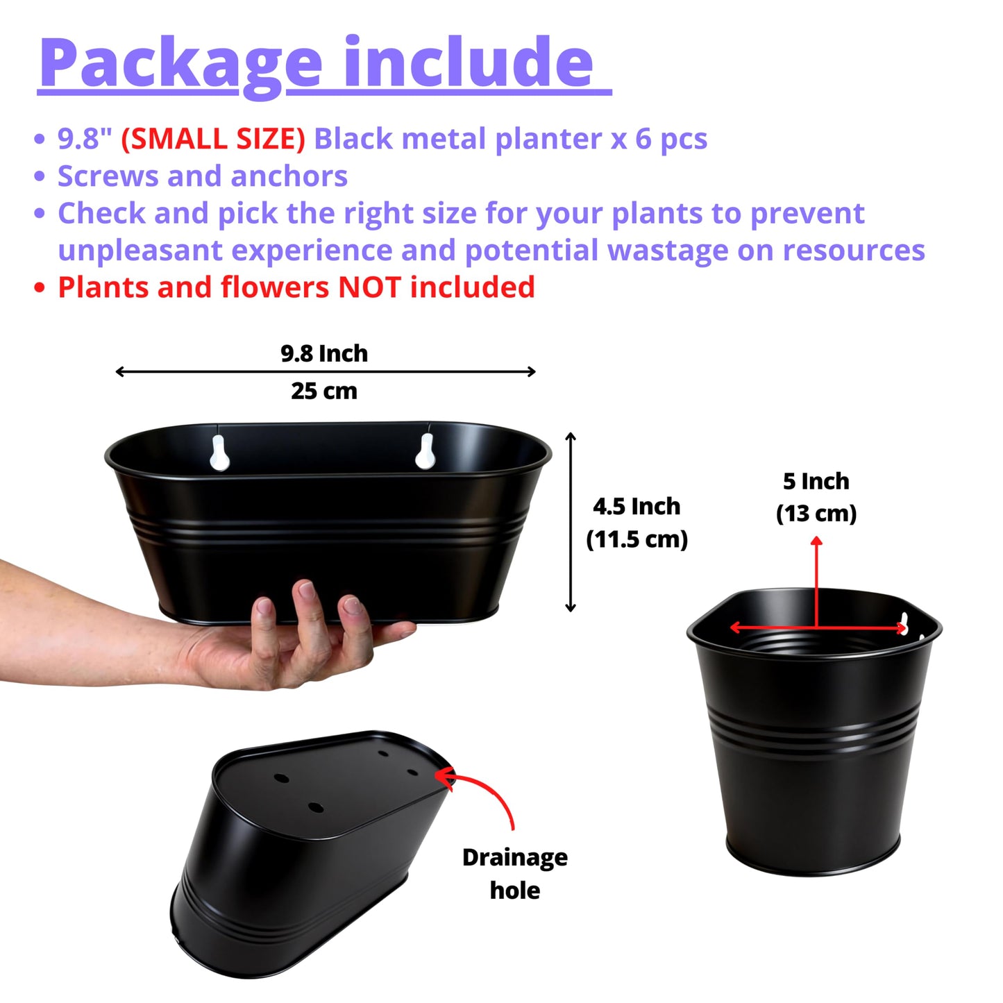 LaLaGreen Wall Planter (9.8 Inch, 6 Pack) Black Oval Metal Pot Hanging Decor Flower Railing Fence Pots Mounted Indoor Plant Holder Porch Decorations Drainage Garden Plants Planters Balcony Home Yard