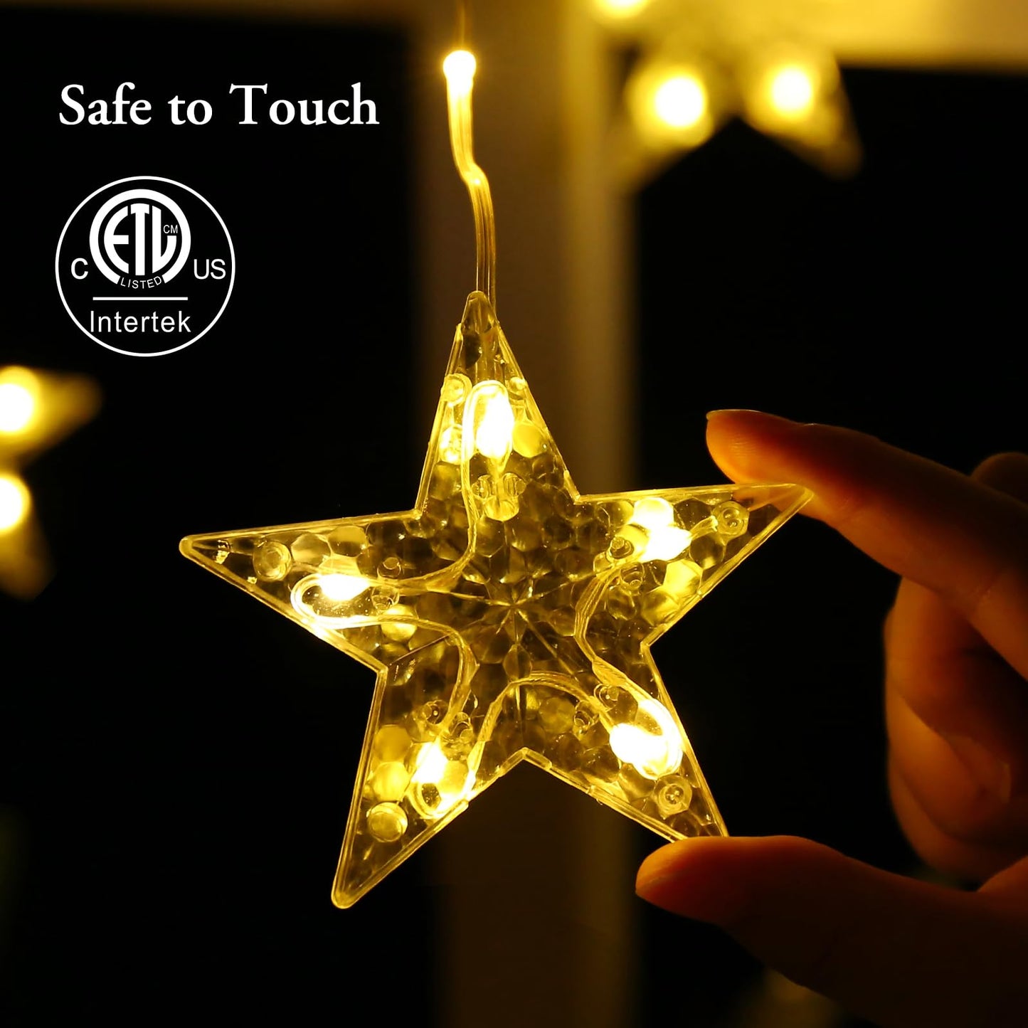Quntis Star Christmas Window Lights, 76 LEDs 9 Stars Curtain Lights Battery Operated with Timer, 8 Mode Xmas Hanging Window Decorations Lights Indoor Backdrop for Bedroom Wall, Warm White