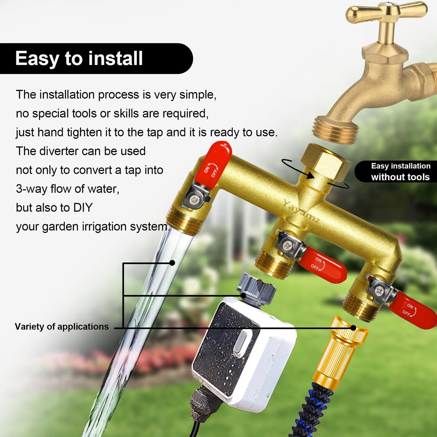Heavy Duty Brass Garden Hose Splitter 3-Way,3/4" GHT Thread, High Flow Faucet Splitter, Water Hose T Spigot Splitter with Shut-off Valves,Water Adapter & Connector-Long Red Metal Handle