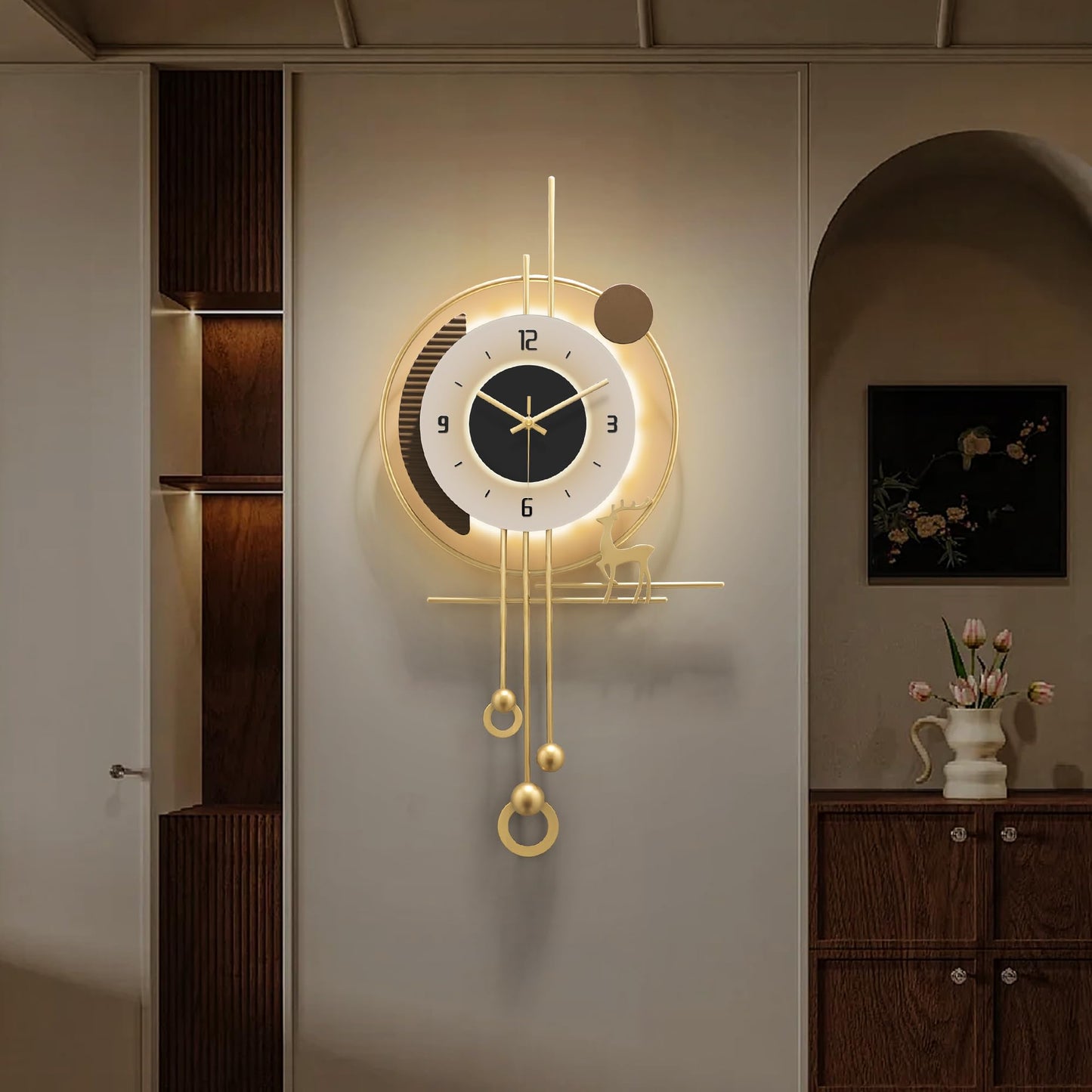 HEBOIX Modern Wall Clock for Living Room,Large Gold Decorative Wall Clock with Light,Creative Silent Clock Battery Operated for Kitchen/Entryway/Bedroom/Office/Dinning Room Metal Wall Decor