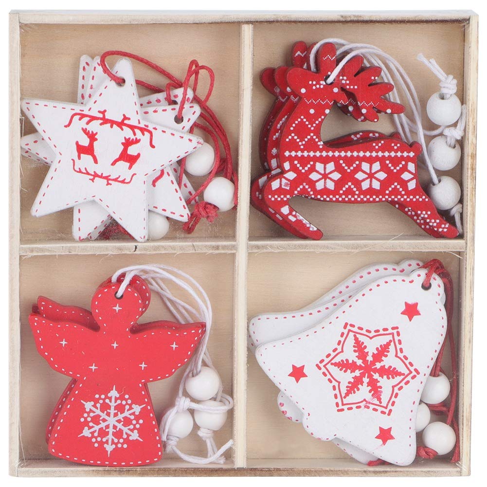 Yosoo 12pcs Christmas Tree Hanging Pendant, Wooden Christmas Decoration with Ropes, Multi Color, Traditional with Whimsical Motifs