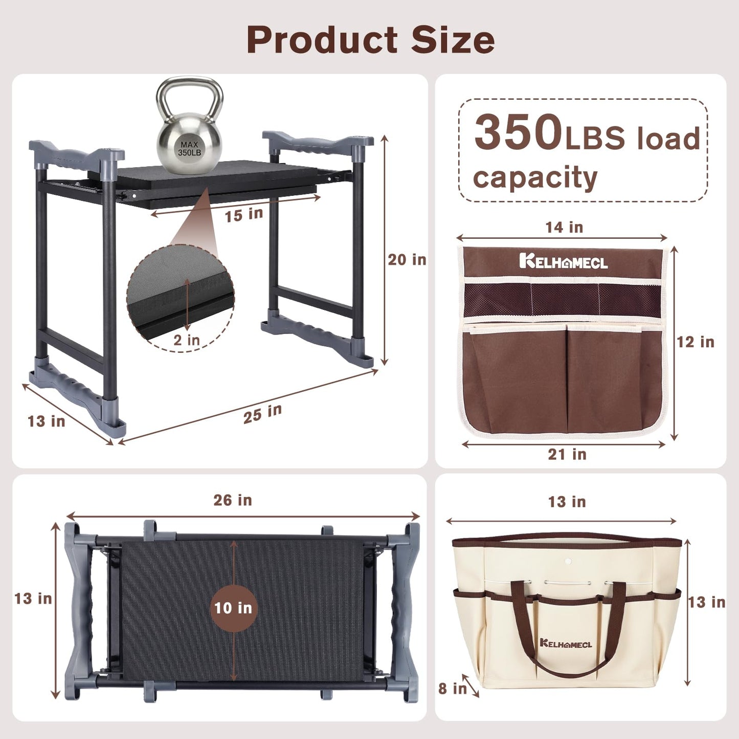 KELHOMECL Garden Kneeler and Seat, Extra Wide Thick EVA Pad, Heavy Duty Foldable Garden Bench Holds 350lbs, Ergonomic Kneeling Stool with Garden Tool Pouches, Gardening Gifts for Women, Men, Seniors