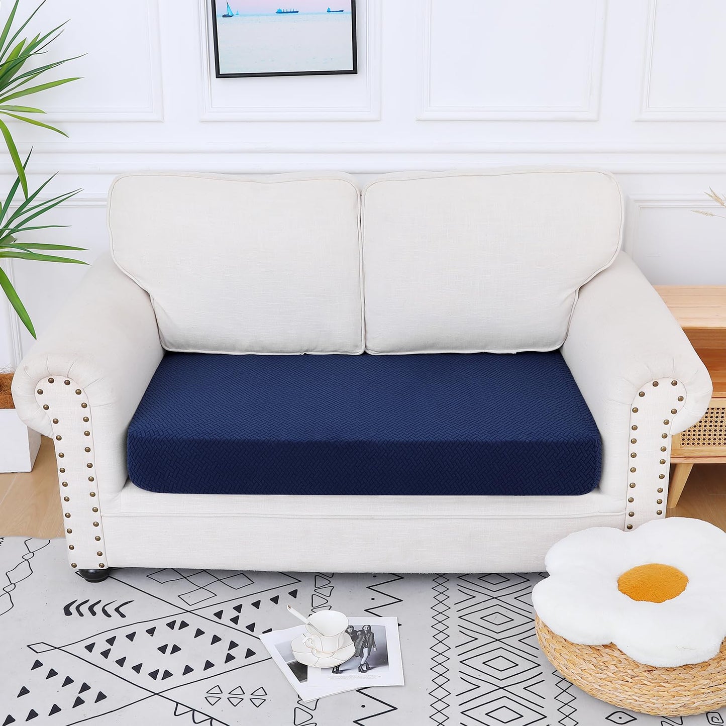 Smiry Waterproof Couch Cushion Covers, Stretch Jacquard Thick Sofa Cushion Covers, Washable Seat Slipcover Elastic Furniture Protector for Pets, Kid (Medium, Navy)