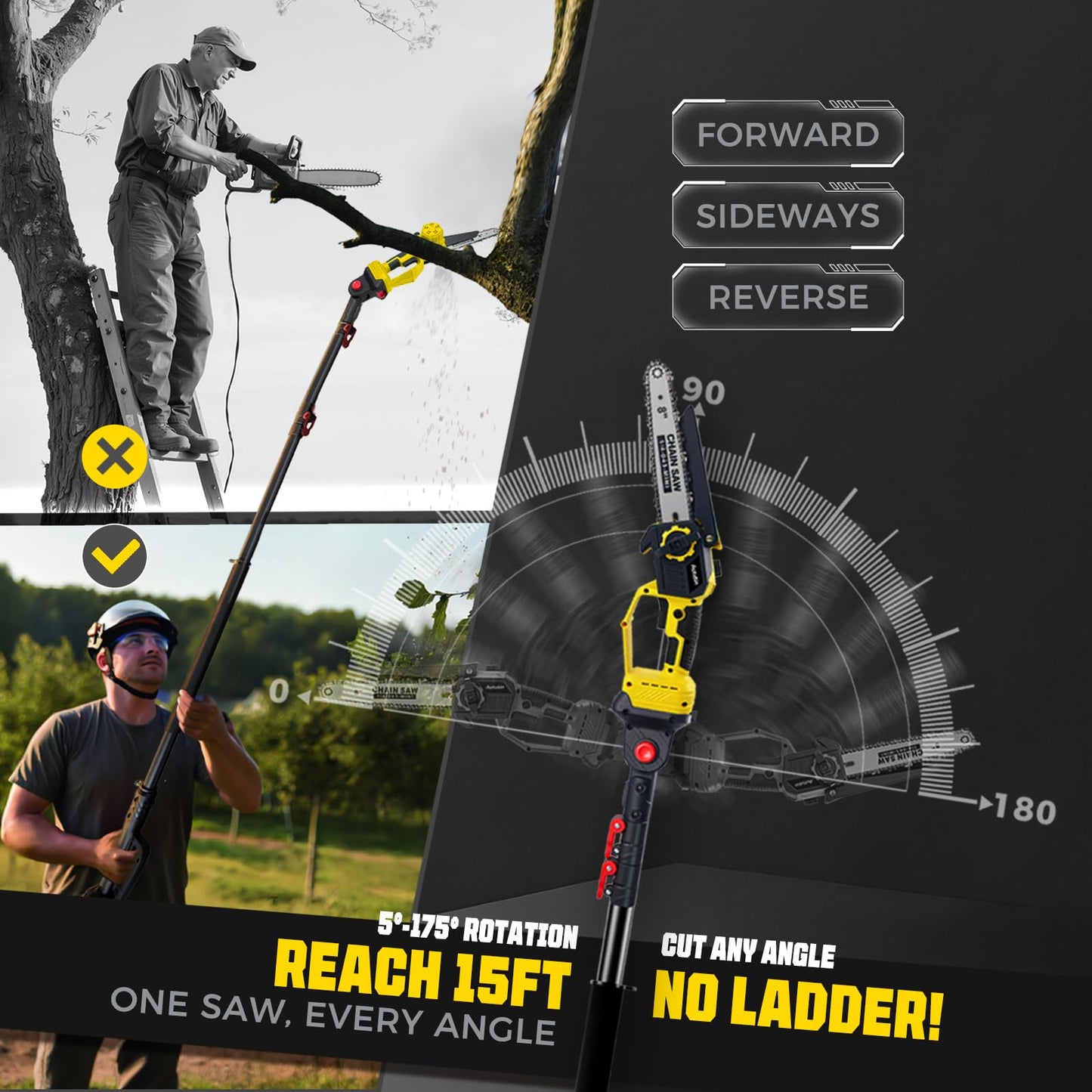 Brushless 2-IN-1 Cordless Pole Saw & Mini Chainsaw, 2× 21V 4.0Ah Battery Powered 8 Inch Chain,Max Reach 16 Ft & Multi-Angle Electric Pole Saw for Tree Trimming, Gifts For Father,Husband,Men