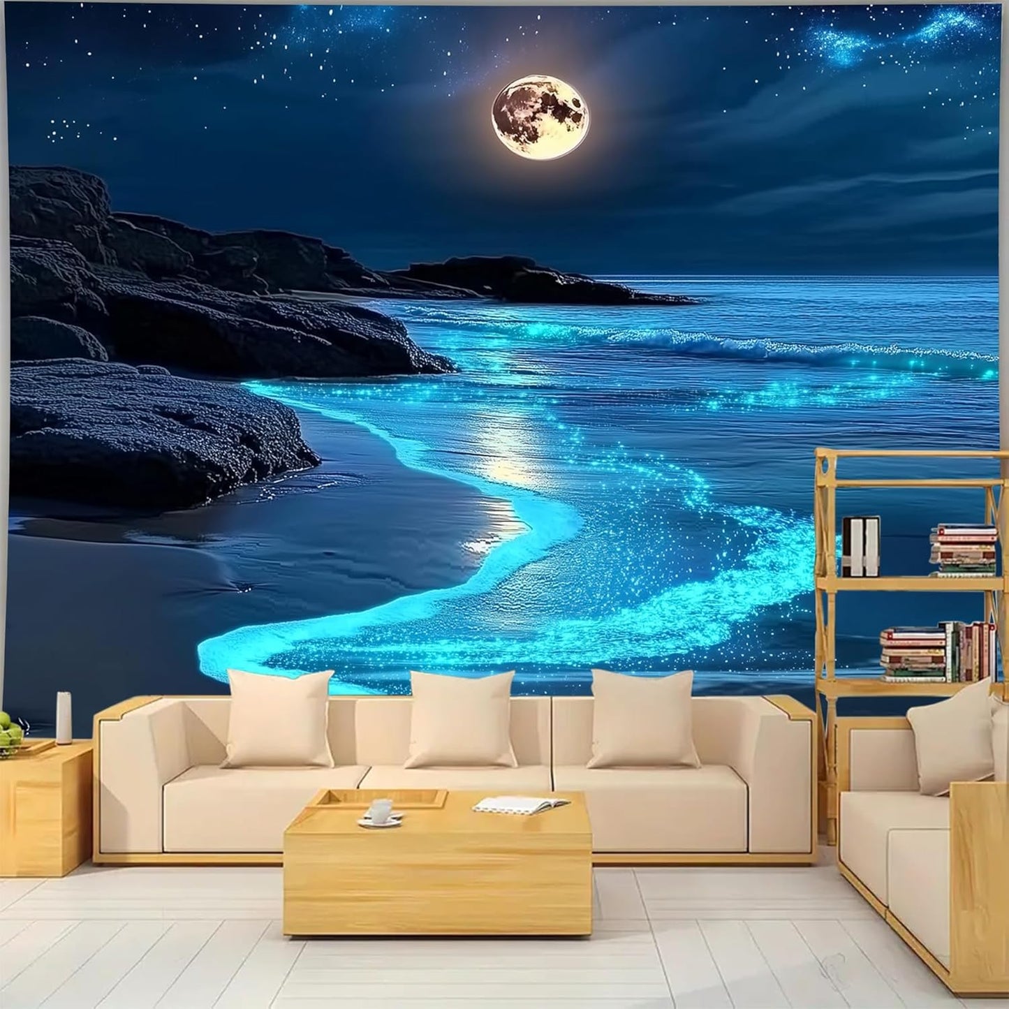 FENDROM 3D Fantasy Nature Sky Tapestry Stunningly Beautiful Moon Over Ocean Wall Hanging Landscape Wall Art Blanket for Bedroom Living Room