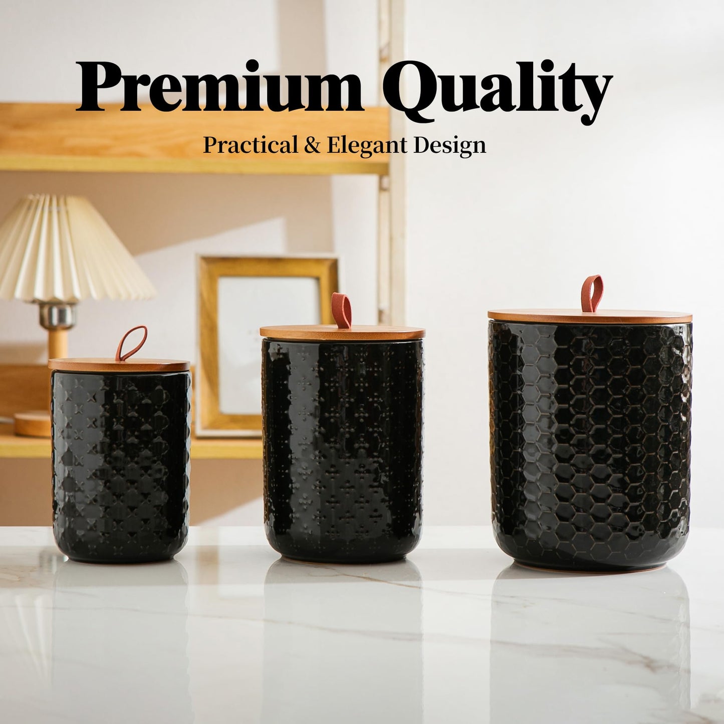 JOJUNO Black Ceramic Canister Set with Wooden Lids – 3-Piece Airtight Food Storage Jars for Kitchen, Embossed Design, Small/Medium/Large Sizes (30/48/82 oz) – Flour, Sugar, Coffee, Tea Containers