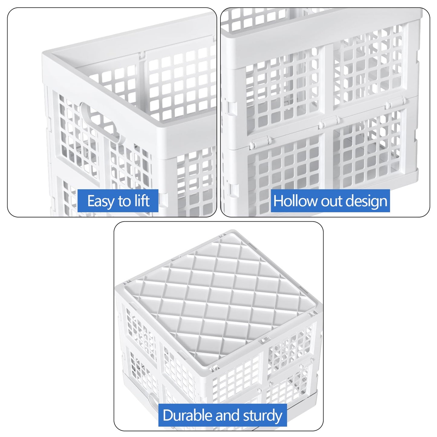 Sadstory 18 L Plastic Square Folding Storage Crate, Stackable Collapsible Crates, White, 3 Pack