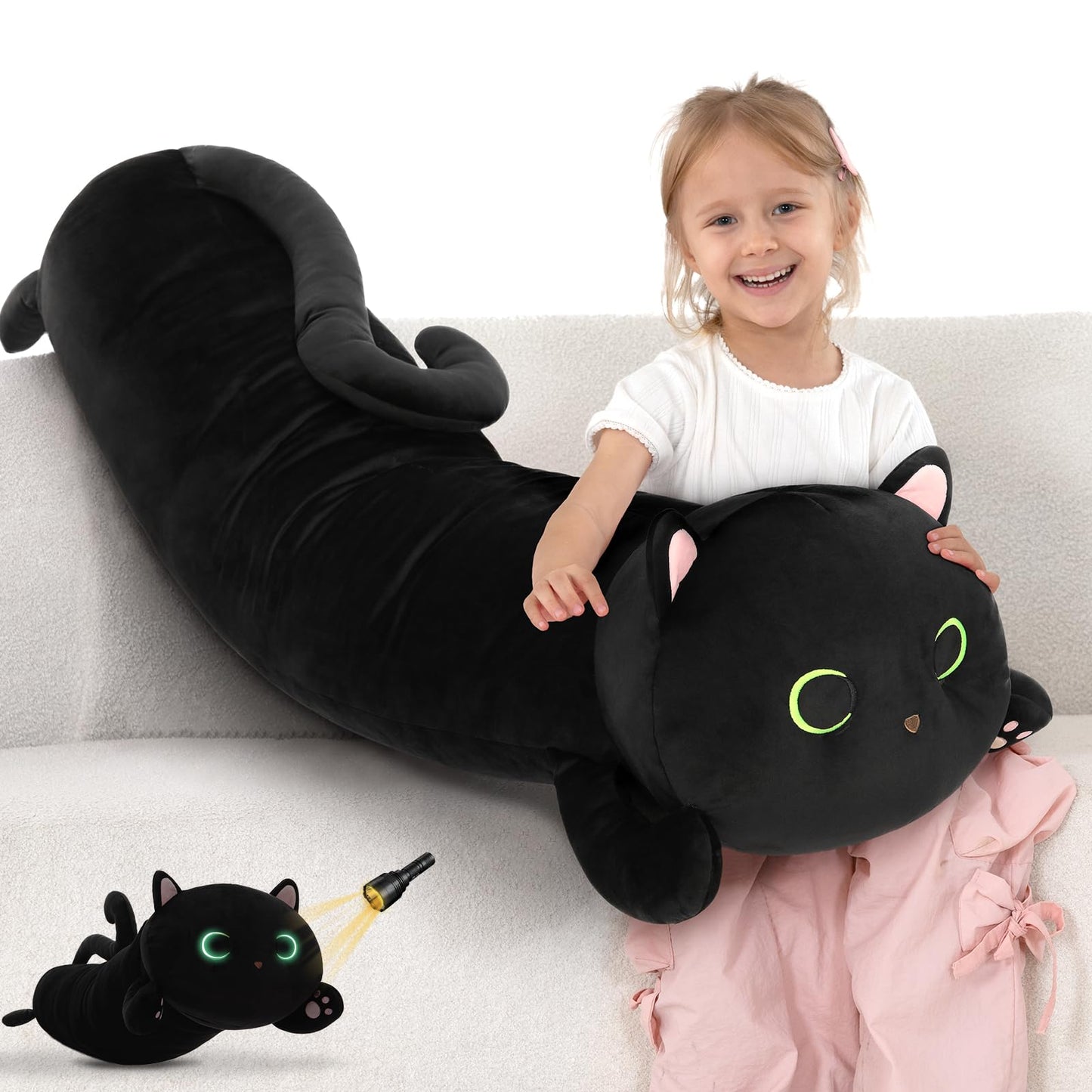 MaoGoLan Black Cat Plush Body Pillow, 44'' Giant Glow in The Dark Cat Stuffed Animal Toy for Girl Boy Kid, Big Cute Kitten Plush Throw Pillow for Birthday Gift, Baby Shower Party Favor Decor