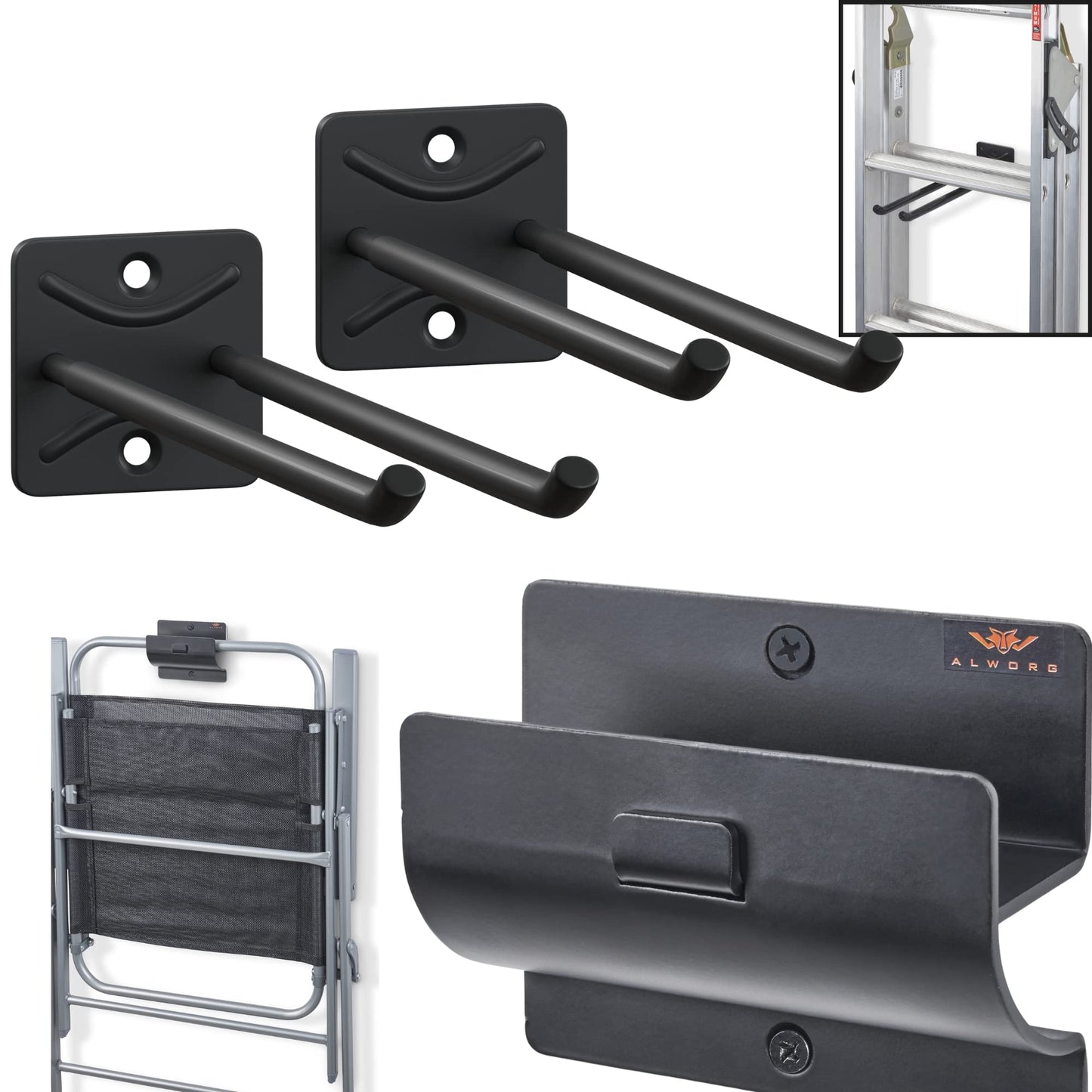 ALWORG Heavy Duty Utility Hooks Bundle - Ladder Hanger for Garage Wall - Versatile Tool Holder to Maximize Space in Yard, Shed. Hang Wheelbarrow Folding Chair and More Organize Chairs, Brooms, Tire