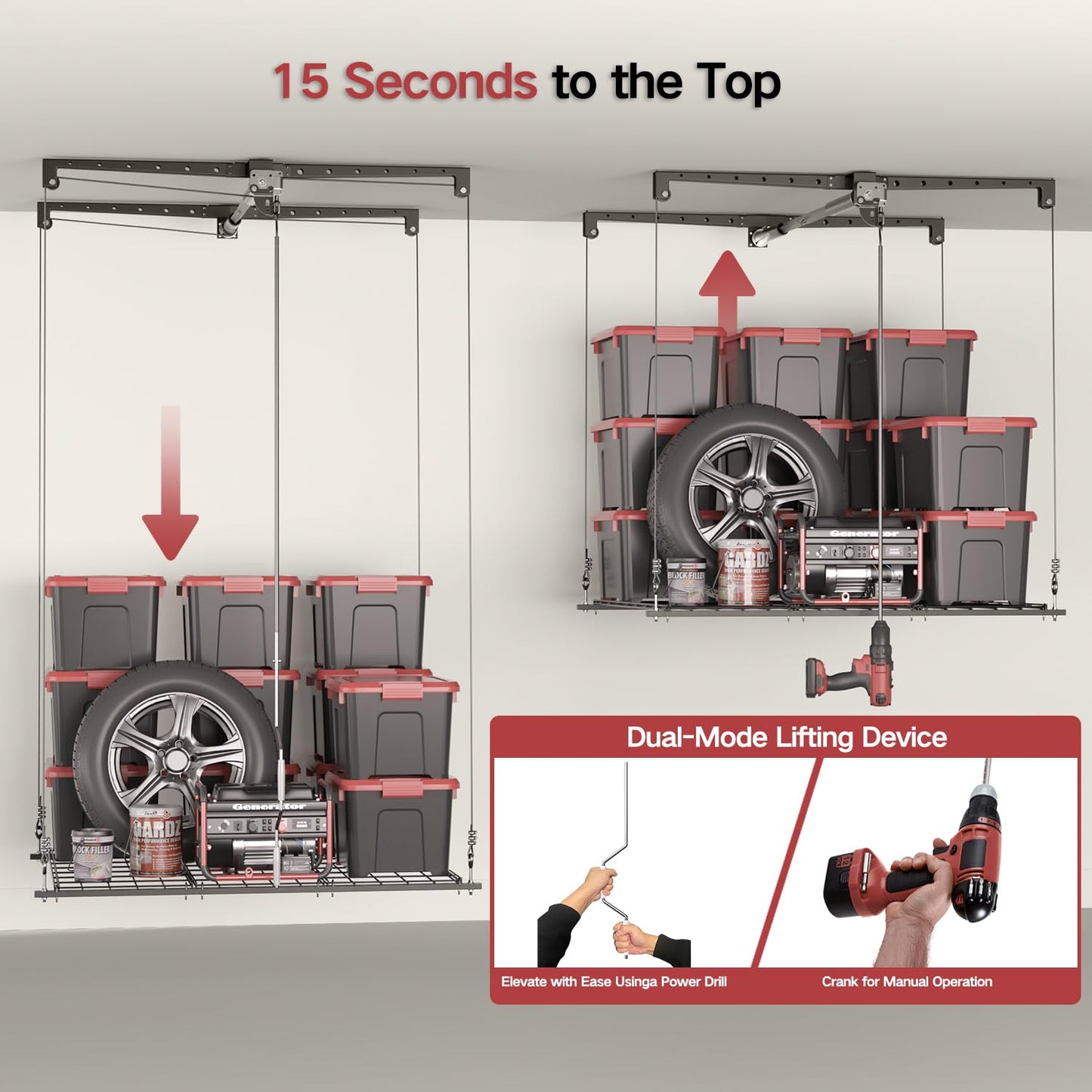 Overhead Garage Storage Rack for 10–12 FT Ceiling, Heavy-duty 4x4 FT Ceiling Storage Racks with Safety Lock, Ideal for Garage Storage Mounted Lift System and Storage Organizer, 250lbs Capacity