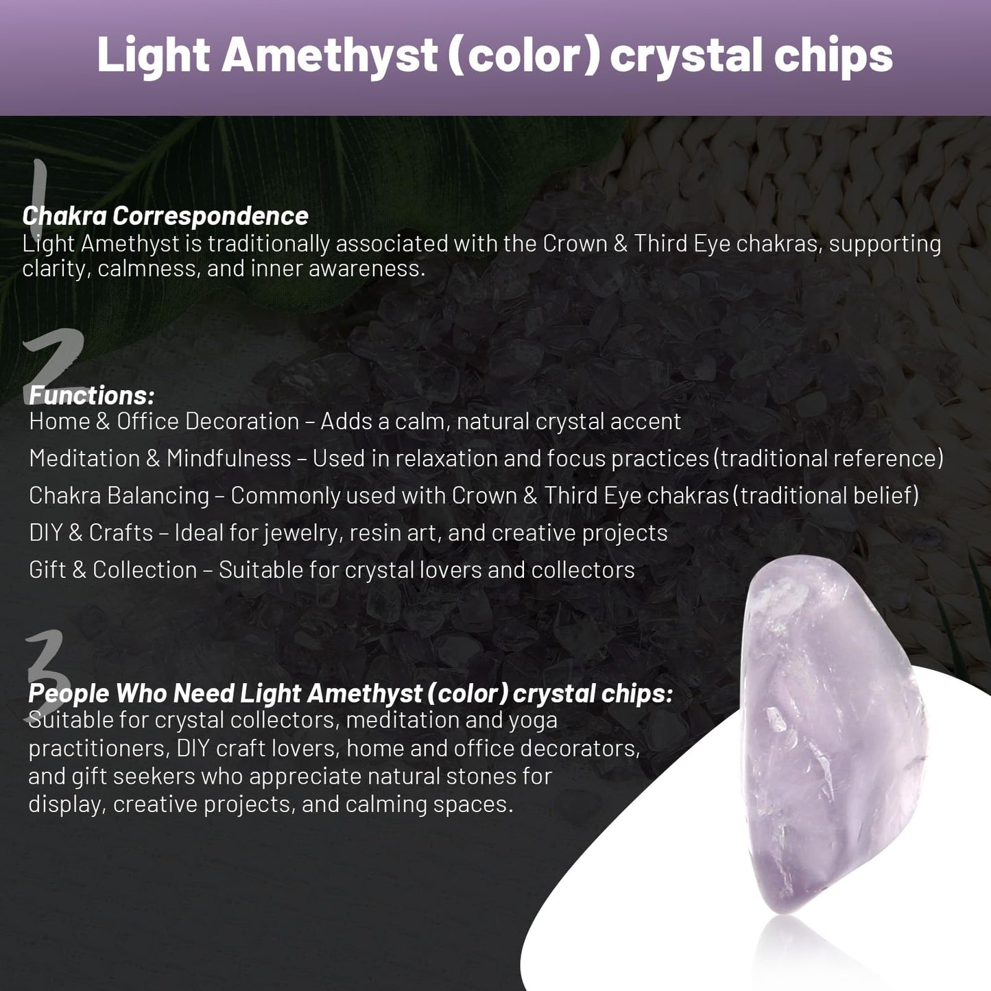 1.1lb Natural Crushed Light Color Amethyst Crystal Tumbled Chips-Healing Crystals Chips Bulk, Crushed Crystal Gemstones for Crafts, Beautiful Package for Gift (Light Color Amethyst)