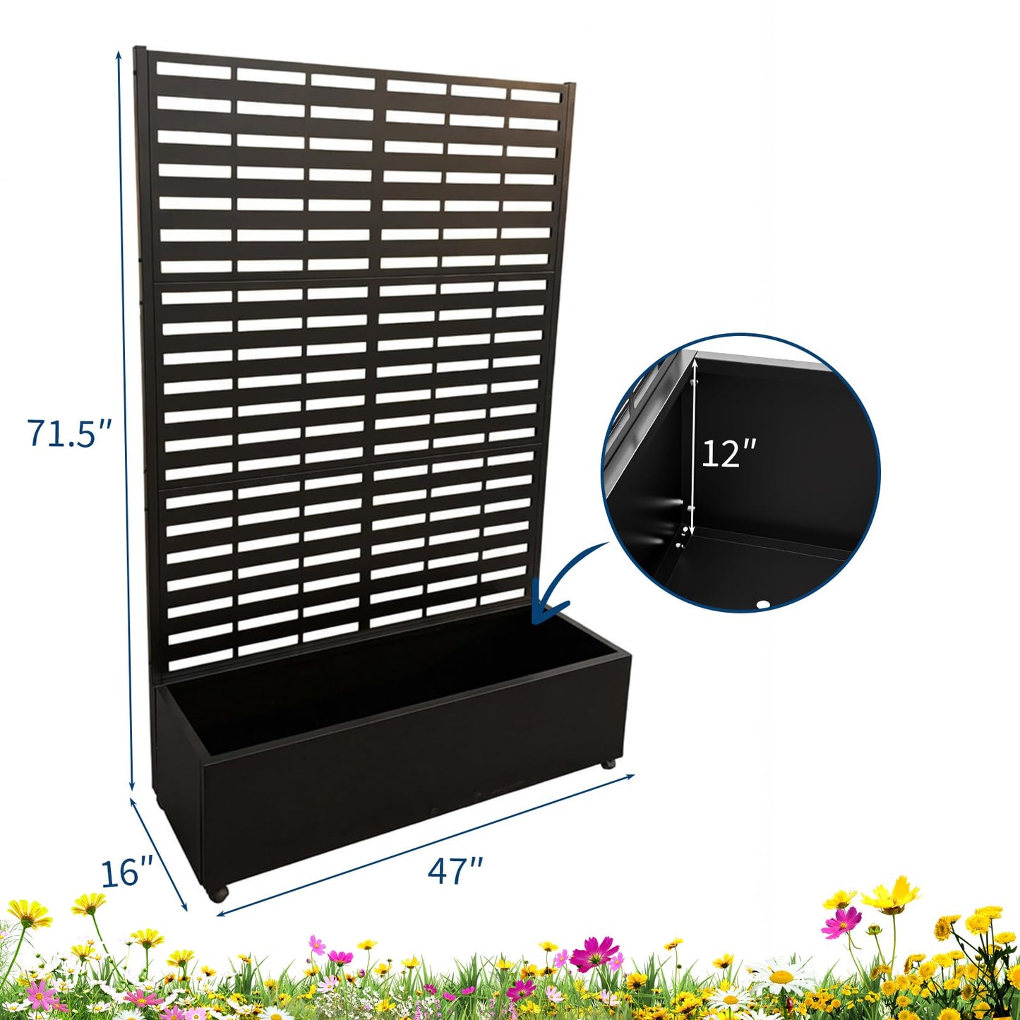 Garvee Metal Planter Box with Trellis, 71.5"x47"x16" Raised Garden Beds with Trellis and Wheels for Climbing Plants Vegetables, Privacy Screen Planter Box with Drainage Holes for Patio Balcony, Black