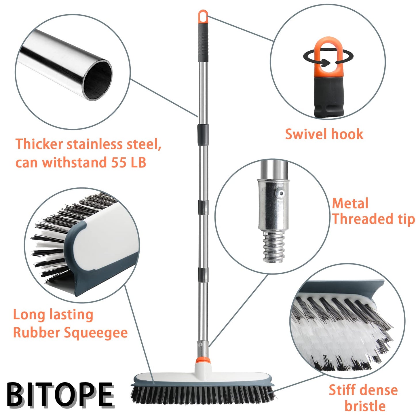 Heavy Duty Floor Scrub Brush and Grout Cleaner Tool with Long Handle Deck Brush with Stiff Bristles Outdoor Scrubber for Cleaning Deck Tile Kitchen Swimming Pool Bathroom(2 Pack Brush Head)