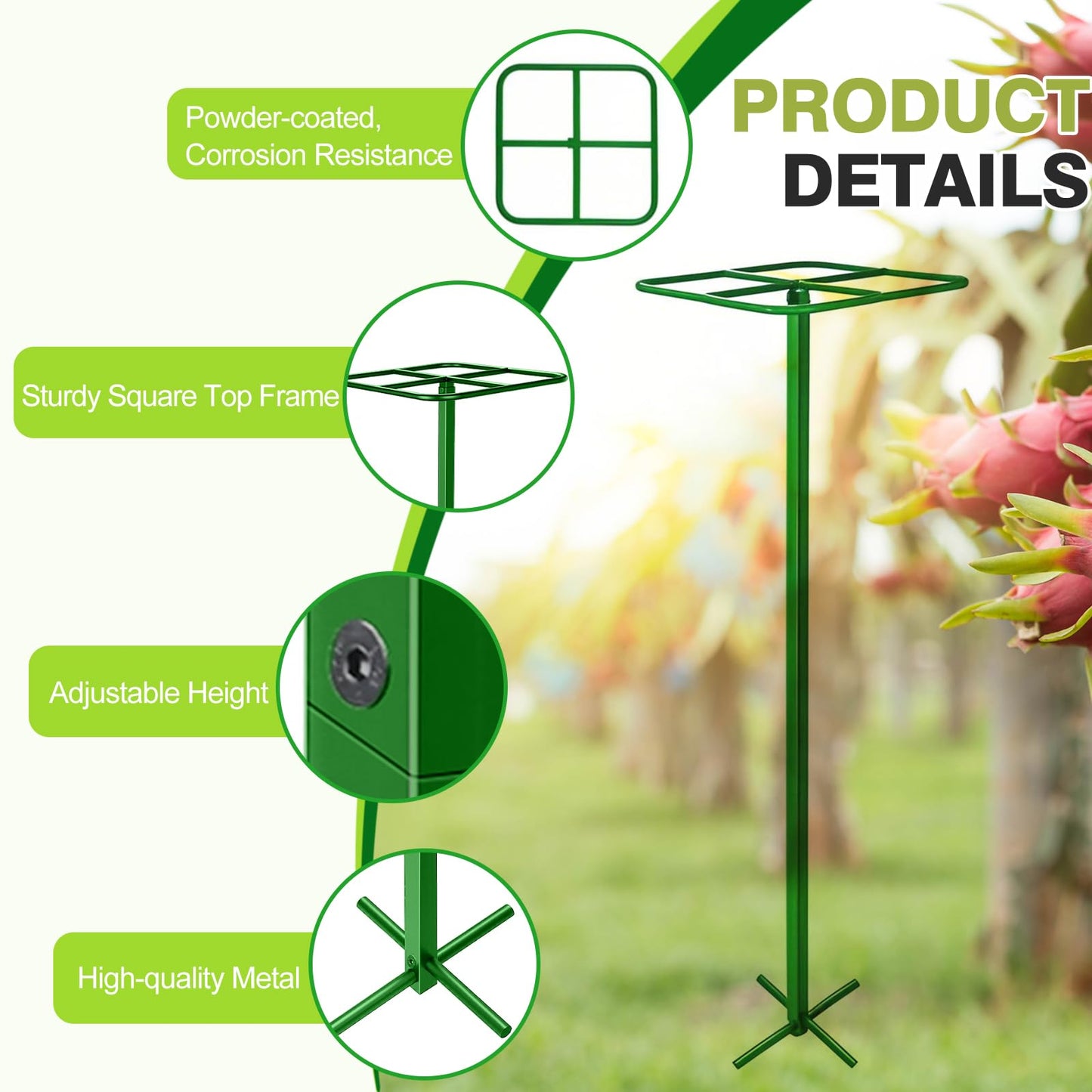 Zealor 2 Pack Adjustable Dragon Fruit Trellis, 12"x12"x50" Dragon Fruit Trellis Metal Climbing Plant Support Frame Cactus Tower Plant Cage for Vertical Gardening Vegetable Garden Outdoor, Green