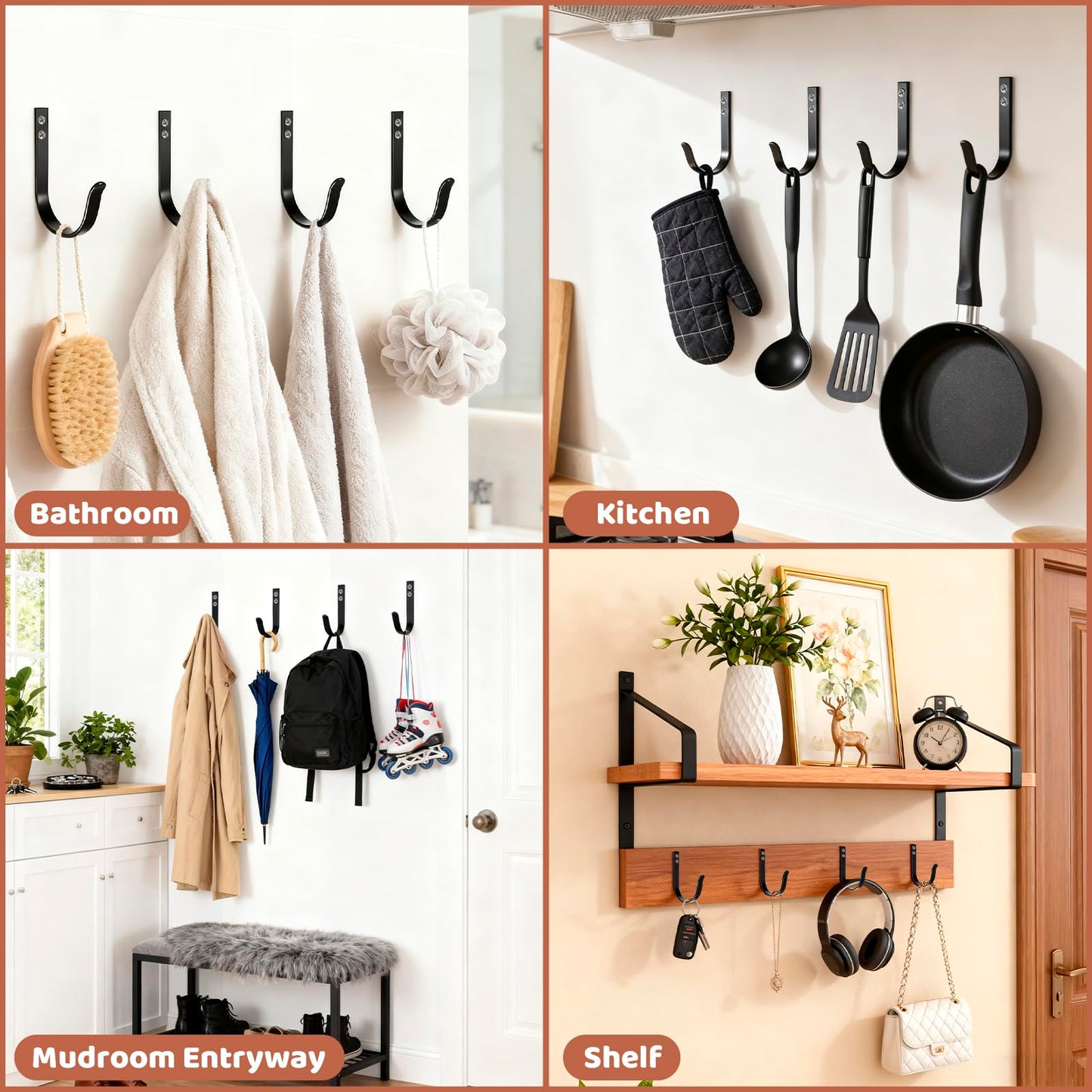 Wall Hooks for Hanging, Large Coat Hooks Wall Mount, Heavy Duty Screw in Metal Hooks for Wall (22LB), Towel Hooks for Bathrooms, Door, Mudroom, Backpack, Clothes, Closet, Purses, Black, 4 Pack