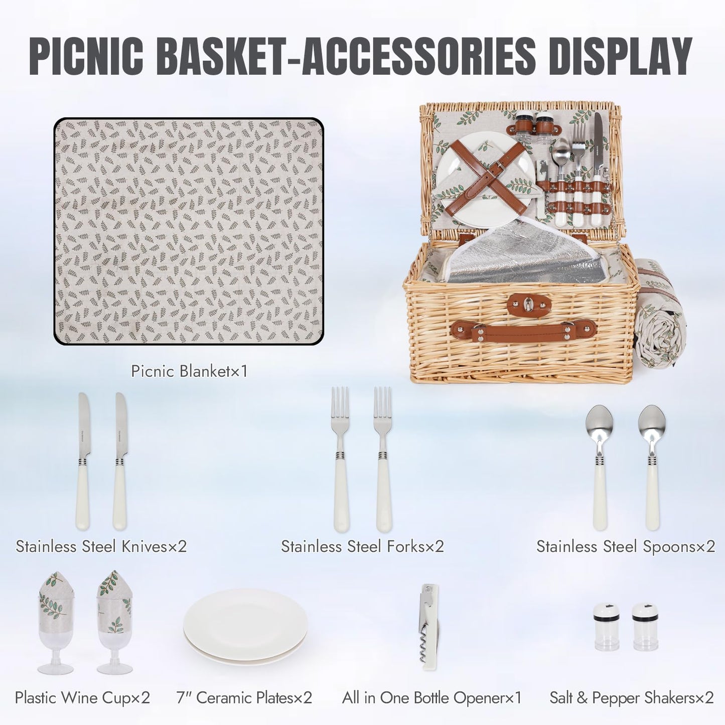 HappyPicnic Picnic Basket Set for 2 - Wicker Picnic Basket with Waterproof Blanket & Insulated Liner, Large Handmade Willow Hamper with Cutlery Kit for Outdoor, Picnic, Camping, Party, Holidays (Leaf)