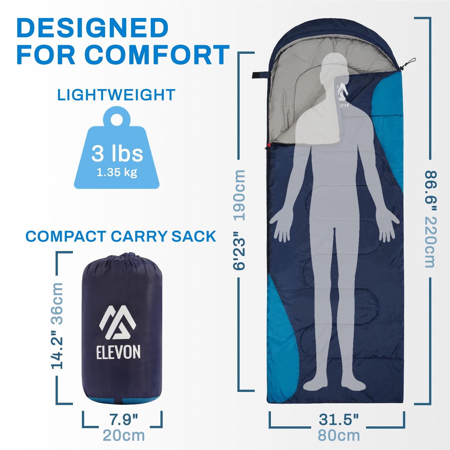 Elevon Sleeping Bag for Adults Teens Kids Cold Warm Weather, Portable Waterproof & Lightweight, Compact with Compression Sack, for 3-4 Seasons Camping, Backpacking, Hiking, Travel, Indoors Outdoors