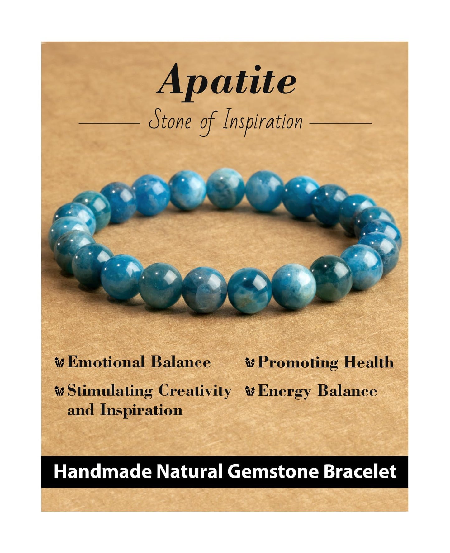 Landorilo Beaded Bracelet for Men Women, 8mm Natural Stone Apatite Healing Crystal Stretch Bracelets, Ideal Christmas Birthday Jewelry Gifts with Energy Card，Replacement Beads Included