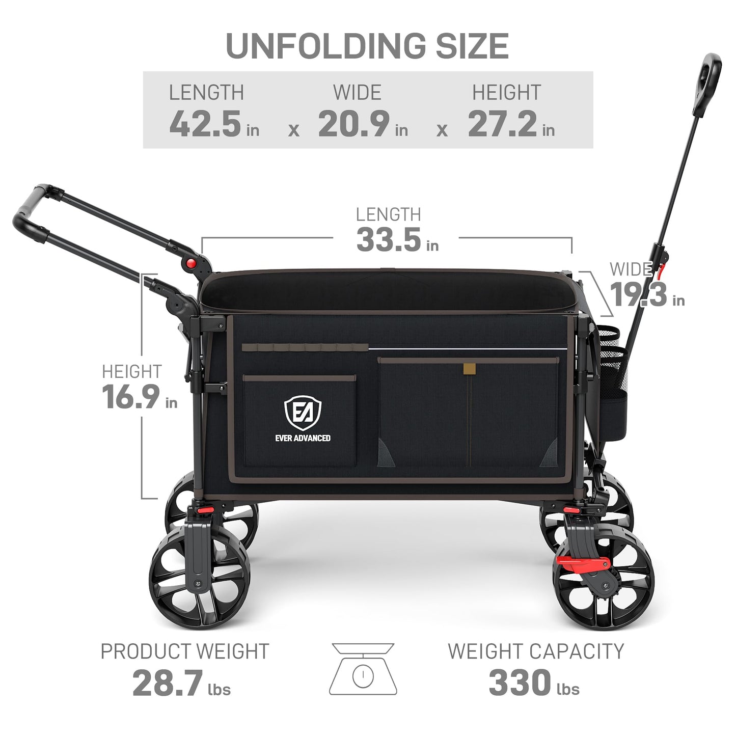 EVER ADVANCED Folding Push Wagon with Brakes, Portable Shopping Cart, Collapsible Wagon Cart with All-Terrain Big Wheels for Camping, Beach, Sports