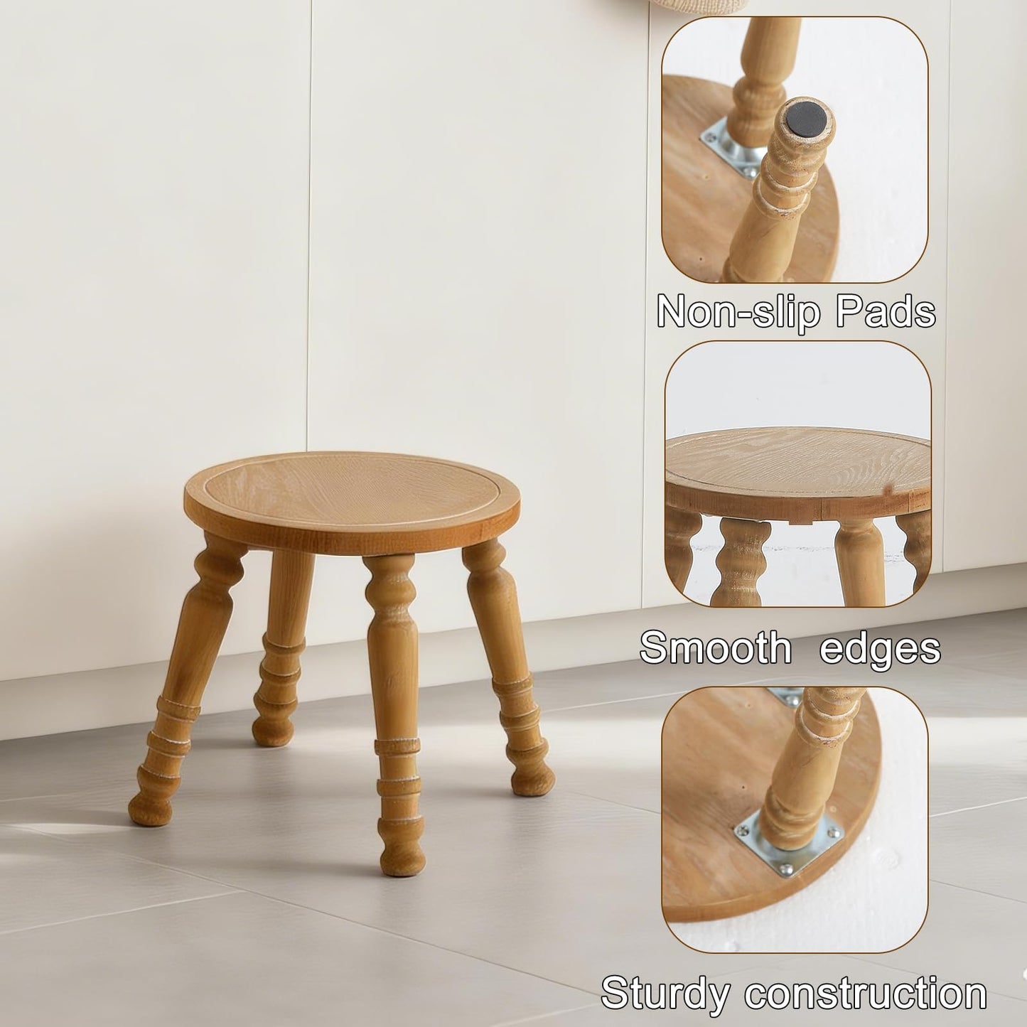 HuiDao 100% Solid Wooden Step Stool, Small Wooden Stool for Adults, Wood Plant Stools, Small Round Stool for Bathroom, Kitchen, Bedroom, Plant Stand