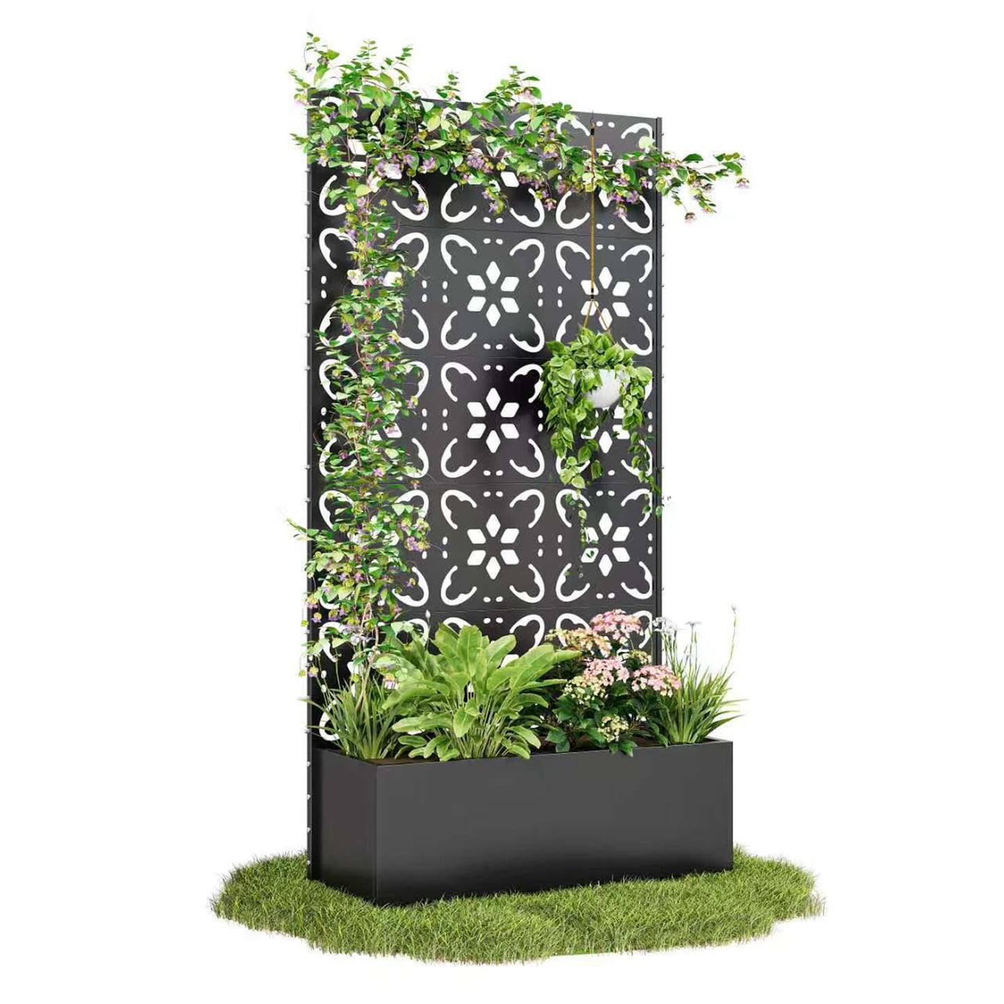 Bevivog Outdoor Privacy Screen with Planter Box, 71"x36" Freestanding Metal Privacy Planters for Patio Garden Metal Planter Box with Trellis, Outside Privacy Fence with Planter for Climbing Plants