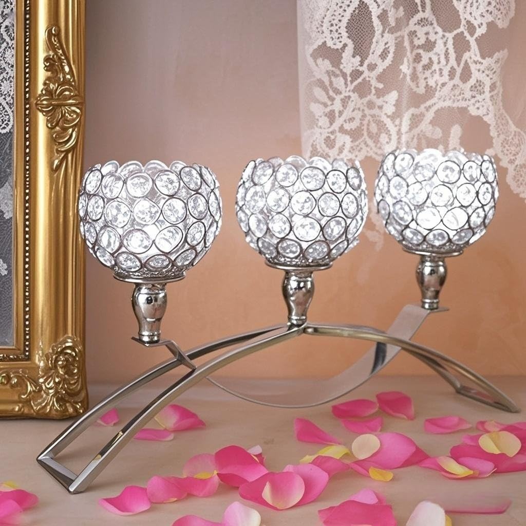 Vidisan Crystal Candle Holders 3 Arms Silver Candelabras,Candle Holder, Crystal Table Centerpieces for Wedding,Buffet Cabinet Candelabra Ornaments,Gift