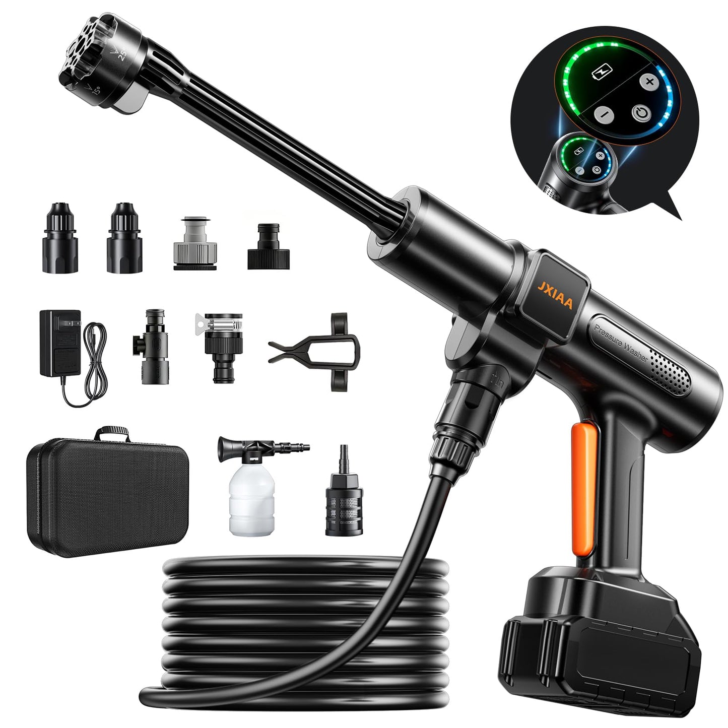 JXIAA PSI 3.0 GPM Battery with Multi-Level Adjustment, 6-in-1 Nozzle & Foam Cannon, 32ft Hose for Car & Home