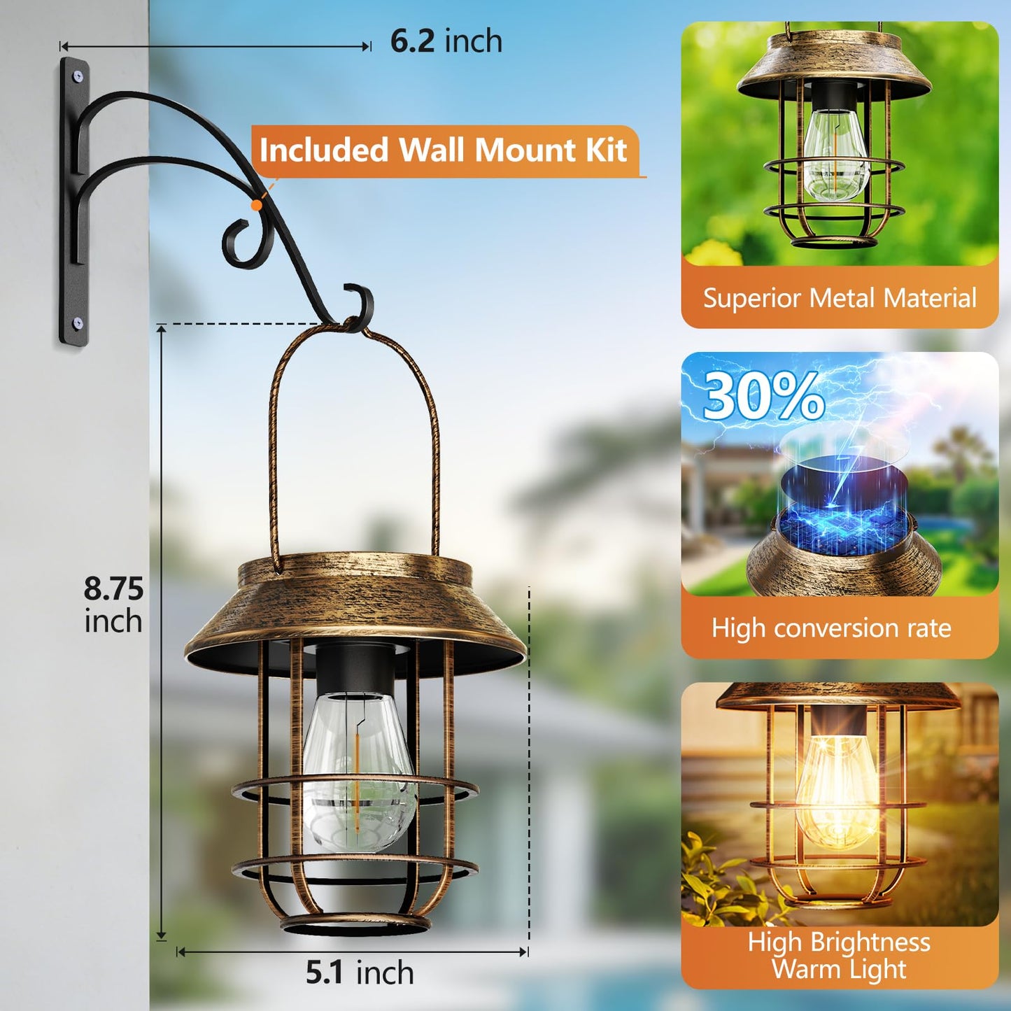 AOUNQ Solar Lanterns Outdoor Waterproof 4 Pack, Upgraded Brighter Hanging Solar Lights for Outside with Wall Hook - Retro Bronze Metal Solar-Powered Hanging Lantern Auto On/Off for Porch Patio Garden