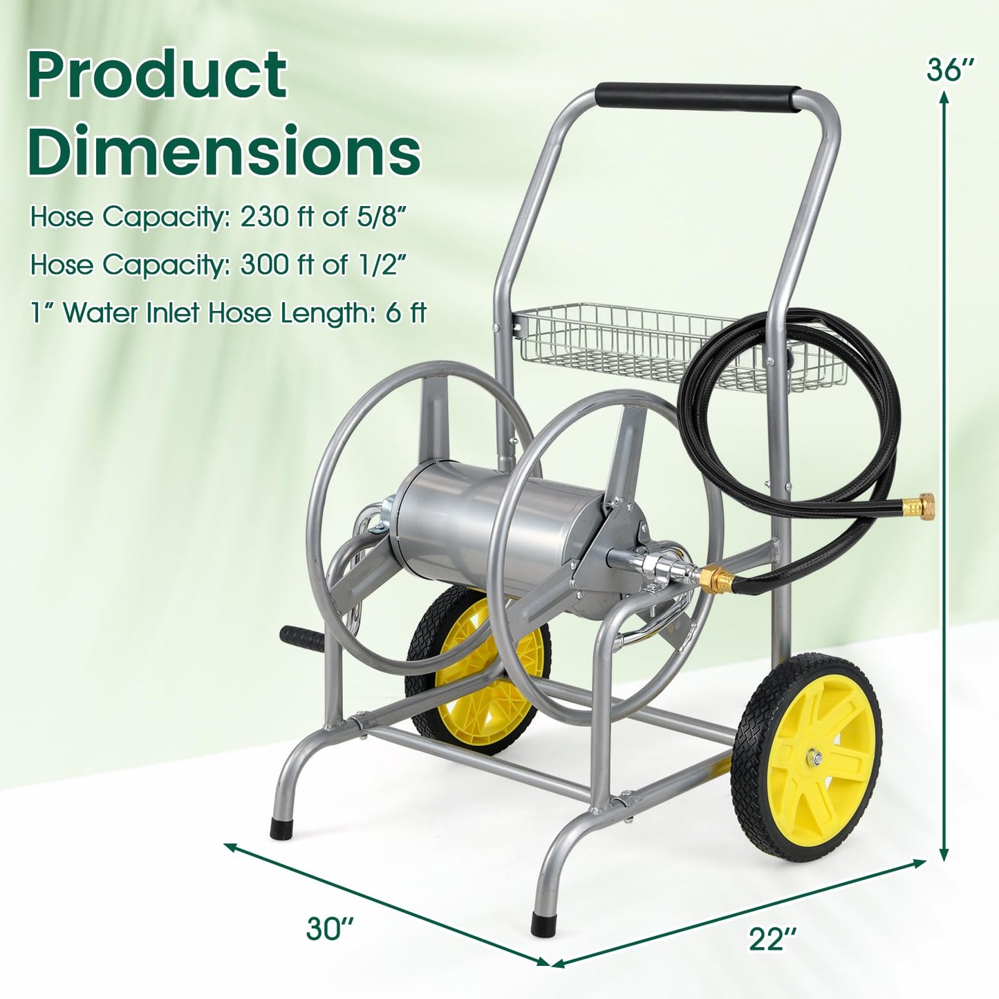 Goplus Garden Hose Reel Cart, 230 FT of 5/8" Large Capacity, Heavy-Duty Metal Hose Cart w/ 2 Wheels, Storage Basket, Portable Water Hose Organizer for Outside Yard, Outdoor Planting Tool