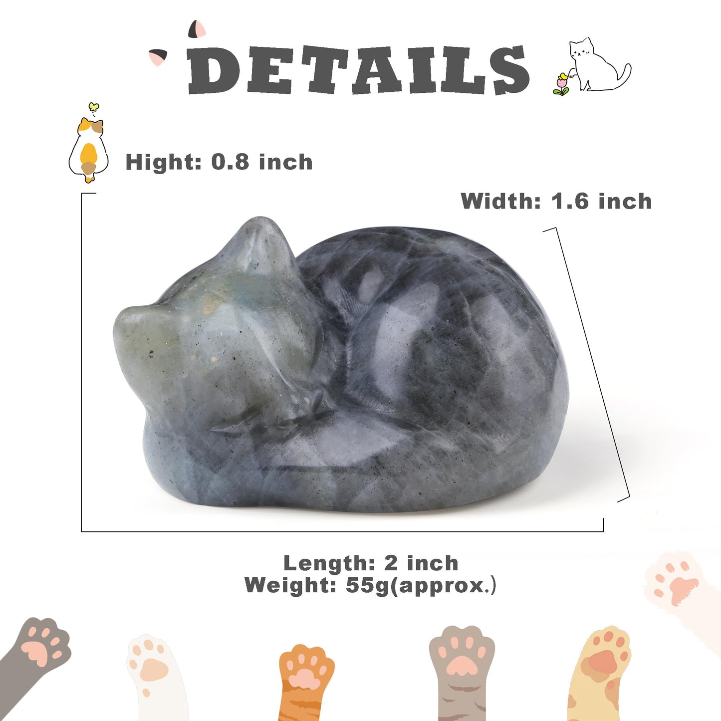 YATOJUZI 2" Cat Decor Figurines White Labradorite Crystals Sleeping Cats Decor Hand Carved Cute Crystal Animal Statues Decors Room Home Office Desk Decorations Cat Gifts for Women
