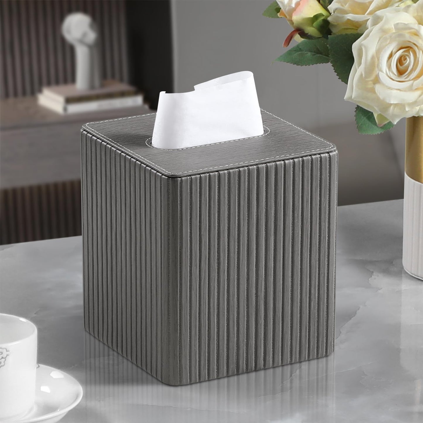 MEIBOOCH PU Leather Tissue Box Cover Square Tissue Box Holder with Magnetic Closure (Slate Grey)