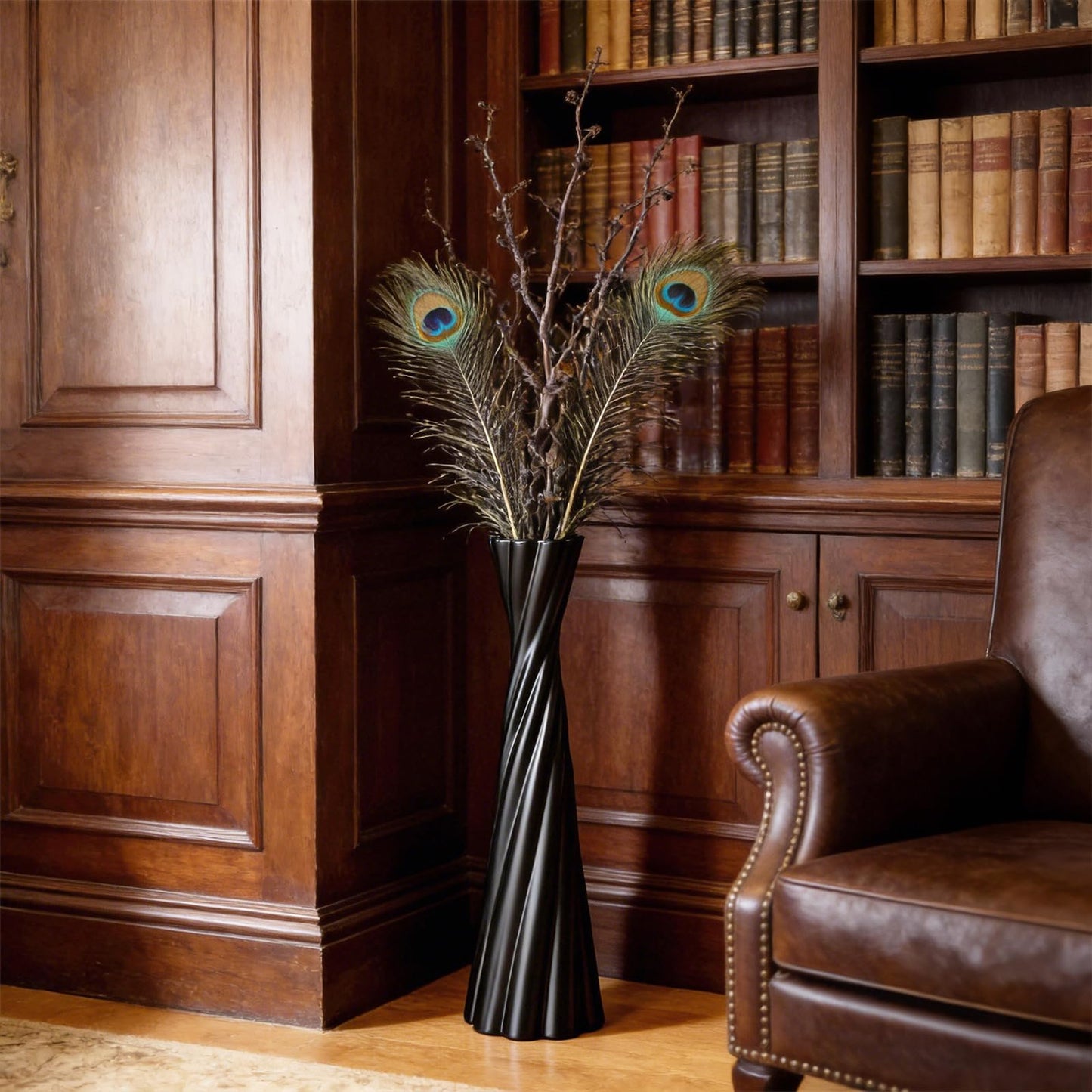 Tall Black Floor Vase 23.6″ – Glossy Twisted Resin Decorative Floor Vase for Pampas Grass, Branches & Dried Flowers, Modern Farmhouse Indoor Home Decor