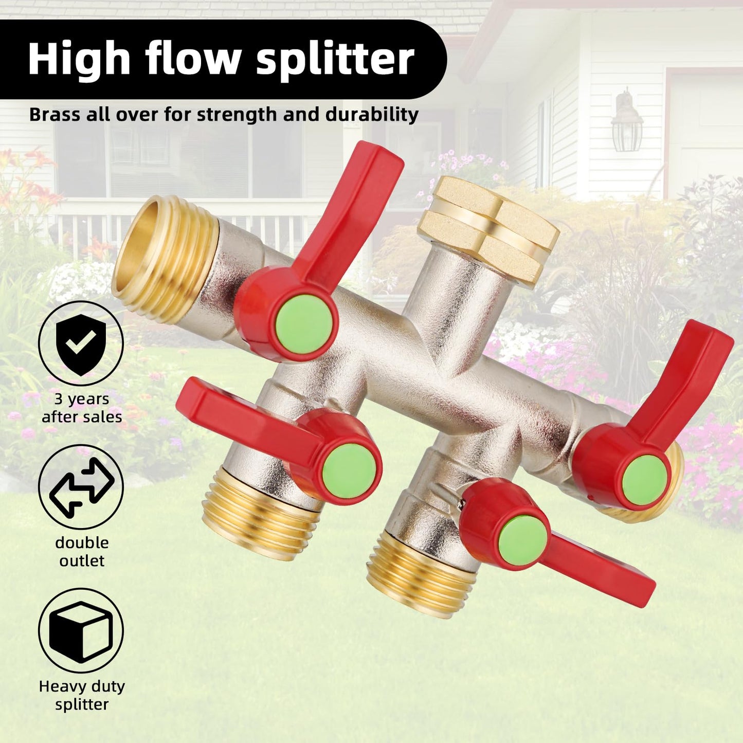 EJW Garden Hose Splitters, 4 Way Hose Splitter, Water Hose Splitters, Hose Bib Splitter, 4 Way Heavy Duty High Flow Splitter, Brass Hose Splitter, Spigot Splitter,Valve 3/4 Inch GHT Thread.