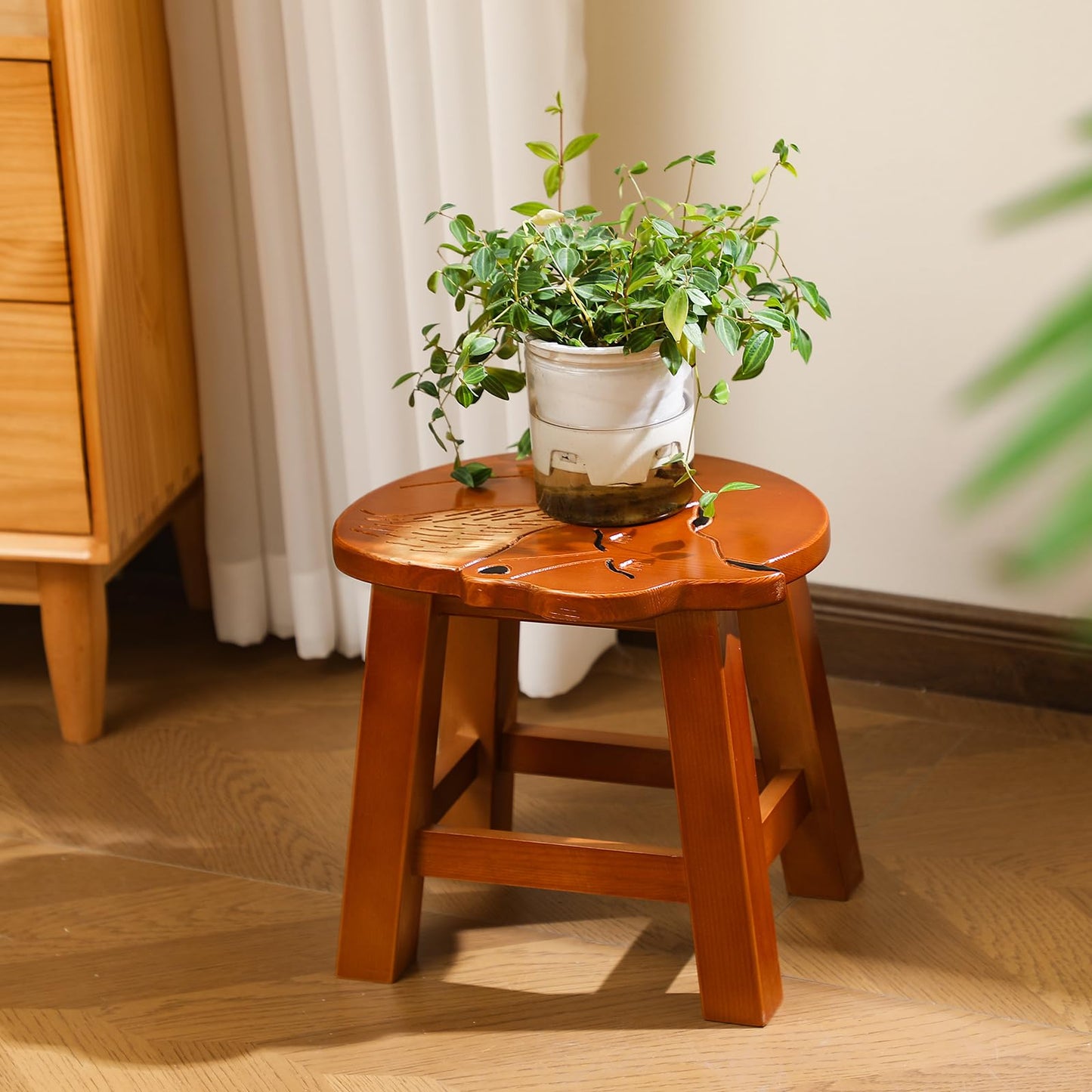 Beeveer Fox Hand-Carved Wood Foot Stool 11 Inch Decorative Animal Foot Stool Fox Wood Decorative for Planter Kitchen