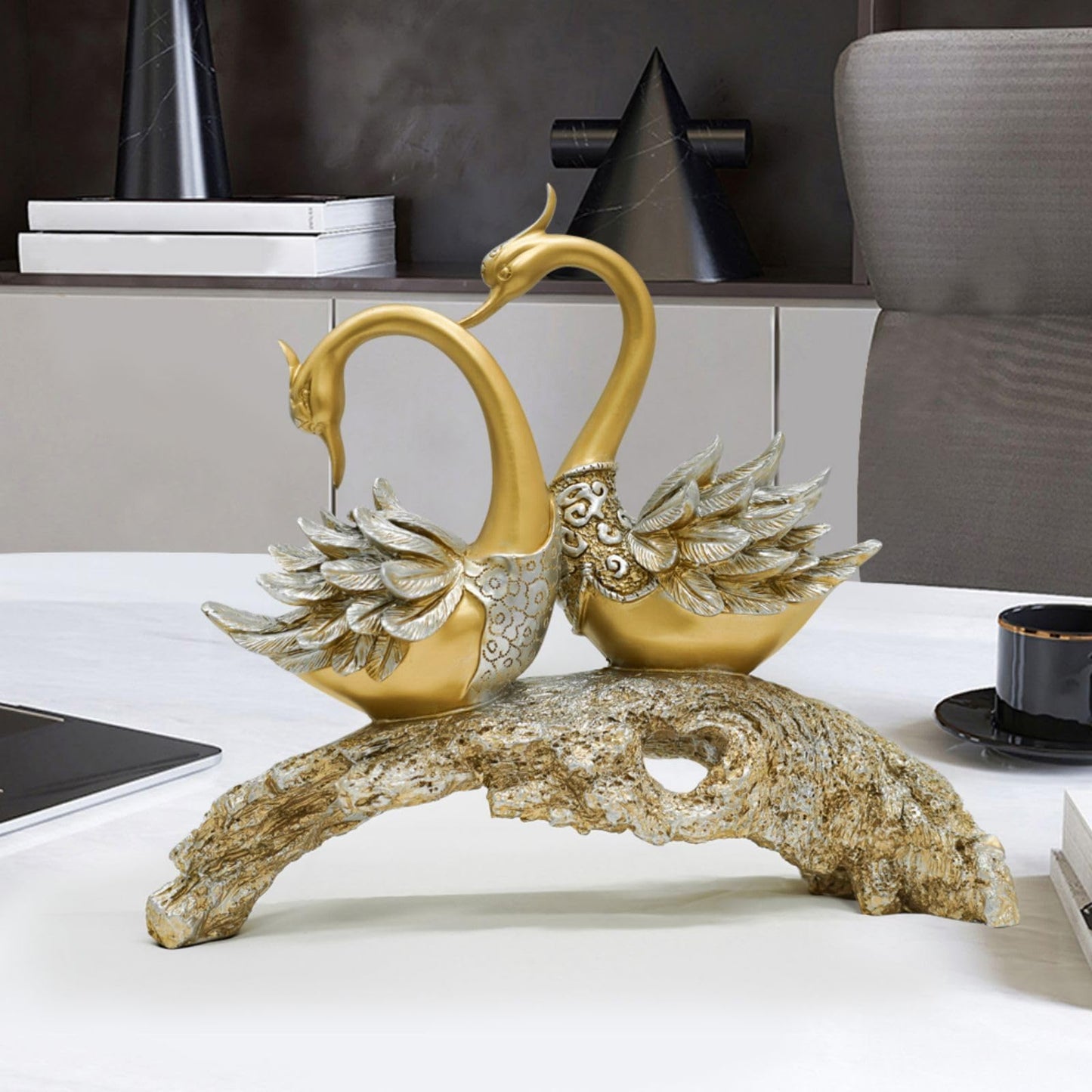 BULUXE 14.2" Gold Couple Swan Decor Figurine Modern Simulation Animal Sculpture Art Ornament Home Table Statue