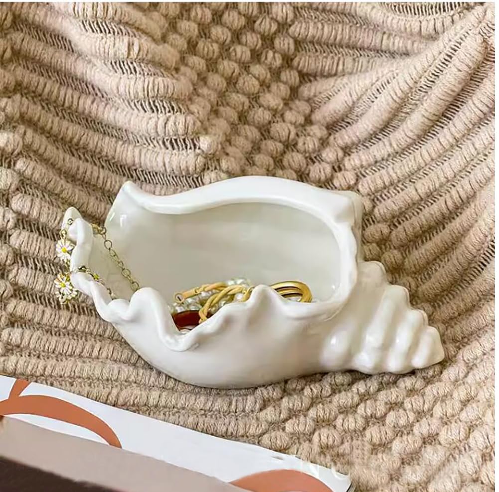 QIAOIDEA Conch Shell Tea Light Candle Holder, Shell Jewelry Dish, Ocean Coastal Beach Themed Ceramic White Sea Shell Jewelry Tray Dish Candy Dish Key Holder for Table Home Party Décor