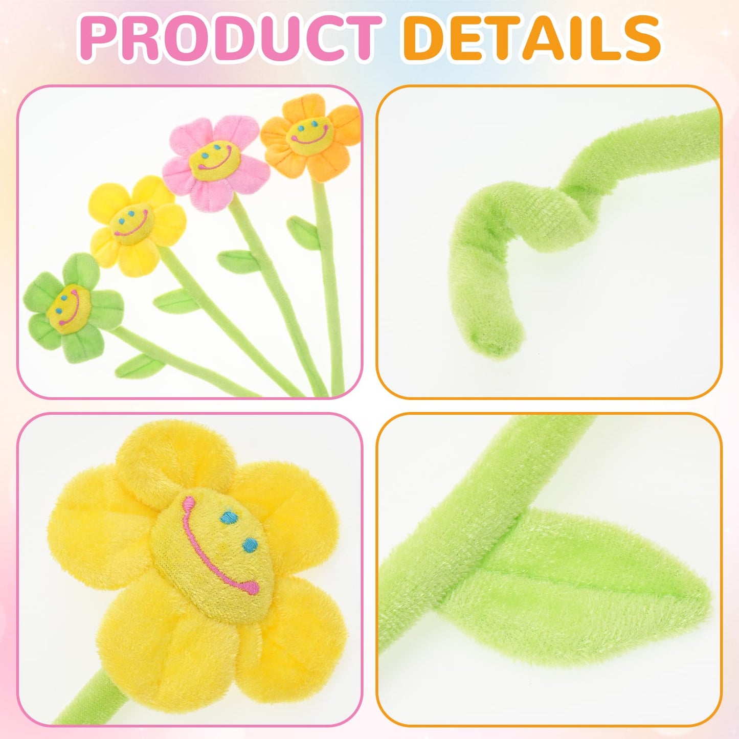 16 Pack Pastel Plush Flowers, Bendable Stems for Easy Curtain Tiebacks & DIY Bouquets, 12 Inch Stuffed Smiley Sunflowers, Soft Kawaii Artificial Room Decor for Teen Girls & Nursery Vibe