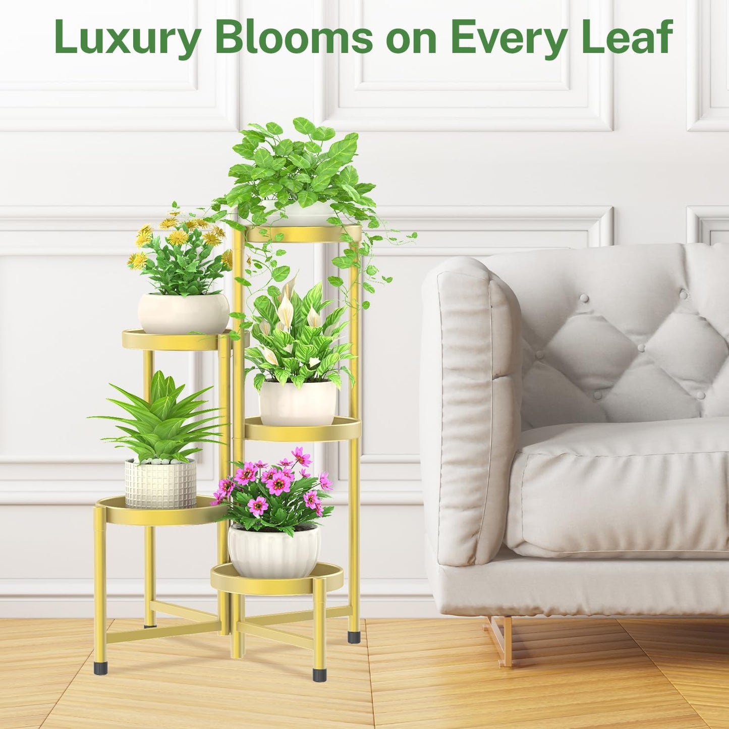iDavosic.ly Plant Stand Indoor Outdoor, 5 Tier Corner Metal Flower Display Holder Shelf, Folding Tall Orchid Rack for Patio Balcony Porch Garden Living Room House, Gold