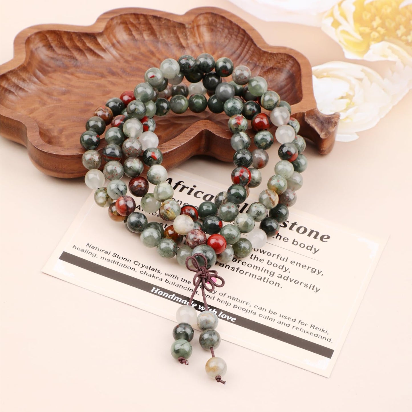AD Beads 8mm 108 Prayer Mala African bloodstone Elastic Bracelet - Strengthen the body - Handmade Yoga Meditation Healing Power Energy Gifts for Unisex Adult.