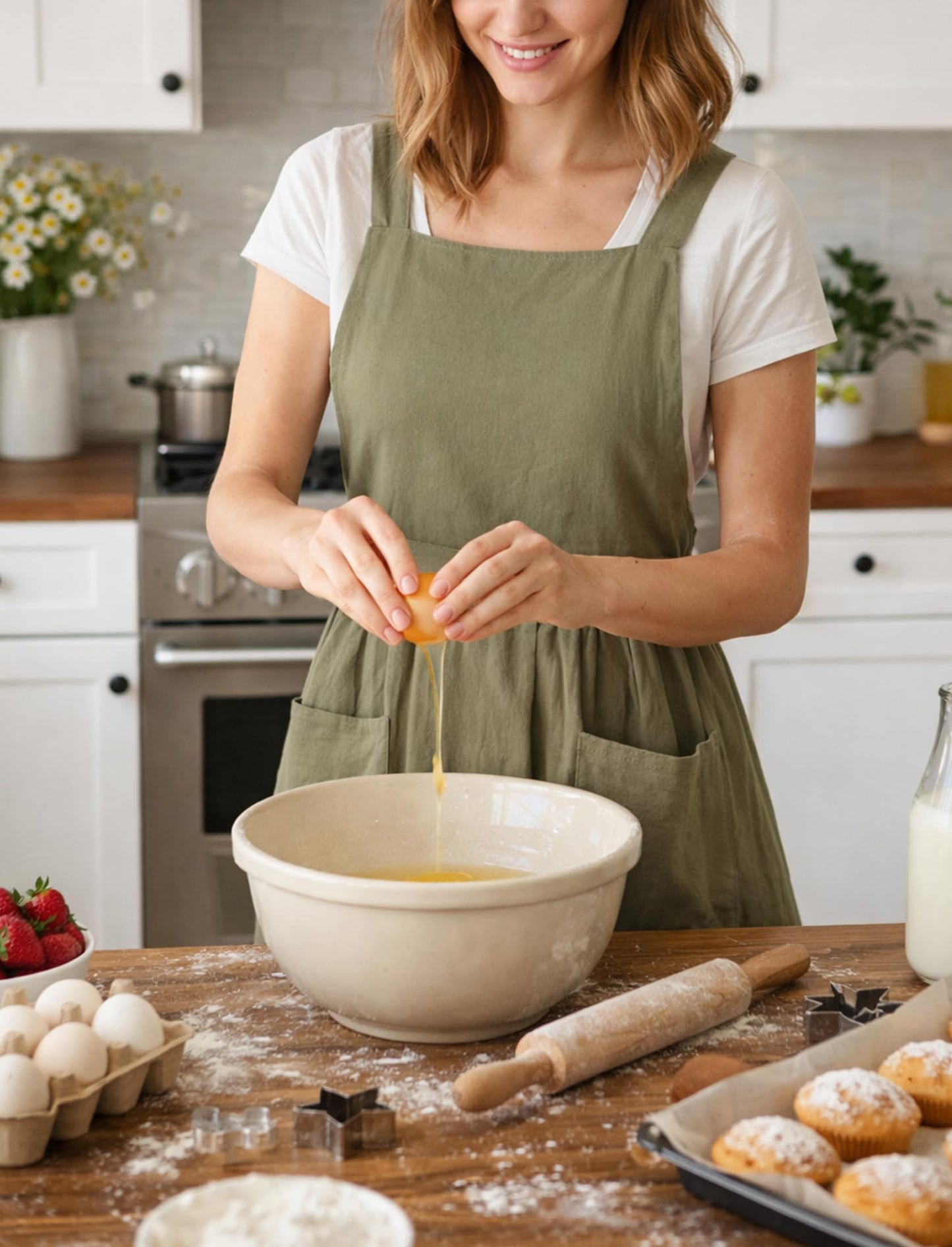Pinknoke Cotton Linen Pinafore Apron Dress for Women with Pockets Cute Art Chef Aprons for Kitchen Baking Gardening Painting (Olive Green)